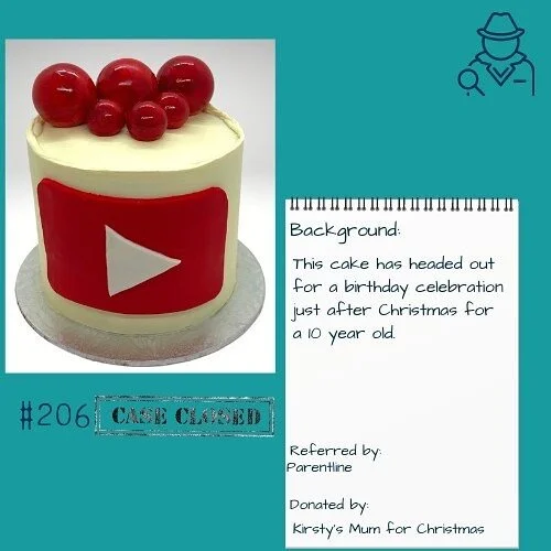 Case closed #206 - You Tube.  How to do a cake with a You Tube theme, go for a trusty app logo, add some red chocolate balls and done. This was a cake that was referred to us through Parentline. For those who don't know Parentline work with children who have been traumatised by abuse and domestic violence. This cake was collected just before Christmas for a 10 year olds birthday that came just after Christmas.  This cake was kindly donated by Kirsty Burridge Amyes one of our deputy detectives who donates regularly with a automatic payment however this cake was especially donated on behalf of her mother as a Christmas present. So thank you Kirsty mum and we hope it was a Merry Christmas.
.
.
Cake details - 6" Chocolate cake with ganache, fondant app logo and chocolate painted spheres. 
⁣