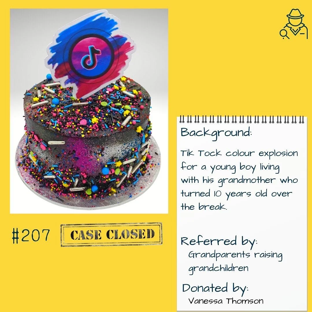 Case closed #207 - Tik Tok. This was another cake that was collected while we were on holiday.  This cake went out to a 10 year old living with his grandparents.  The Christmas period is tough on so many people so to add hardship and a birthday into the mix it just takes it up a level. I was happy to be able to make a couple of cakes that worked in with our holiday and hope that for 2021 that we can cater to those kids who have birthdays in between Christmas and New Year. This cake was very kindly donated by Vanessa Thomson. 
.
.
Cake details - 6" Banana cake with black cocoa buttercream, edible glitter and sprinkles from @cakeandkitchen.
⁣