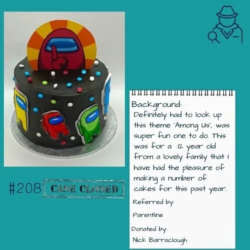Case closed #208 - Among Us. This cake was for a 12 year old celebrating their birthday just after the new year. I have done a number of cakes for this family as they have both their own children and have other whanau in their care taking the family to ten. They are the loveliest family and I have enjoyed making all of their birthday cakes over the past year. This cake was kindly donated by Nick Barraclough. 
.
.
Cake details - 6&rdquo; chocolate cake with American buttercream, fondant figures coloured in with edible pens and sprinkles. 
⁣