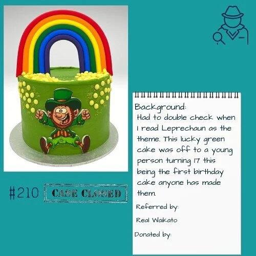 Case closed #210 - Luck of the Irish. This cake is the first cake anyone has made for this person in their 17 years on this earth. These are the young people that it is our mission to reach. To be able to show how loved and valued they are to us as fellow humans is what I want them to feel when they receive their cake. 
 This cake was referred by Real. Real believes mental wellness and wellbeing are possible for every young person. So they work alongside clinical services to support young people with acute mental health needs. There favourite colour is green and they like the idea of a bit more luck in this coming year. 
.
.
Cake details - 6" Chocolate cake with ganache icing, image from @sweetpeaparties and perfect rainbow from @thislittlecakery
⁣