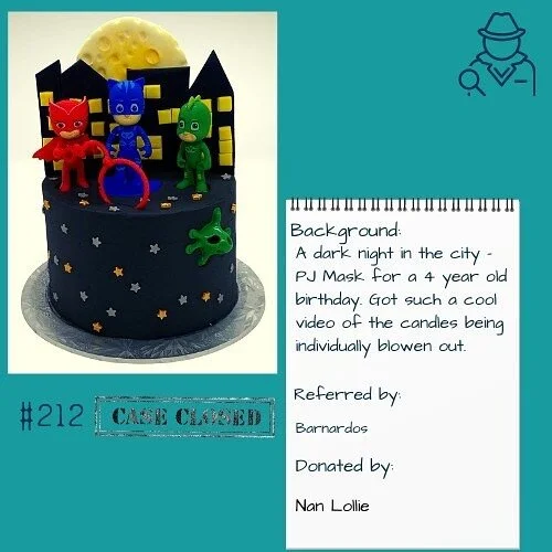 Case closed #212 - PJ Mask Night in the City. This used to be one of my kids favourites so it was easy to know how to decorate this cake. I love getting the videos of the kids with their cakes. I can't show these publicly but I can promise you the look on the kids faces are priceless and make all of the time and love put into each cake worth it. This cake was kindly donated in the memory of Nan Lollie who passed away last year but her daughter thought that this cause fitted perfectly with her memory. 
.
.
Cake details - 6" Red Velvet with American buttercream, fondant city and moon plus toy figurines. 
⁣