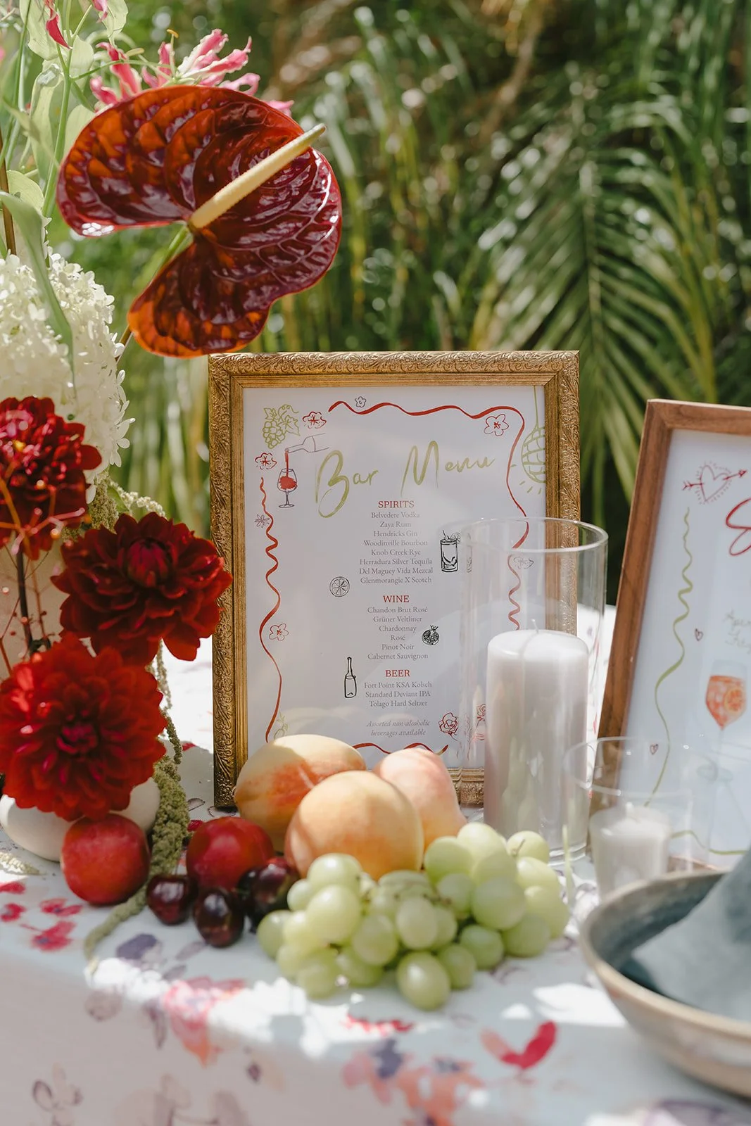 Red Anthurium Dahlia Bar Arrangement with fruit