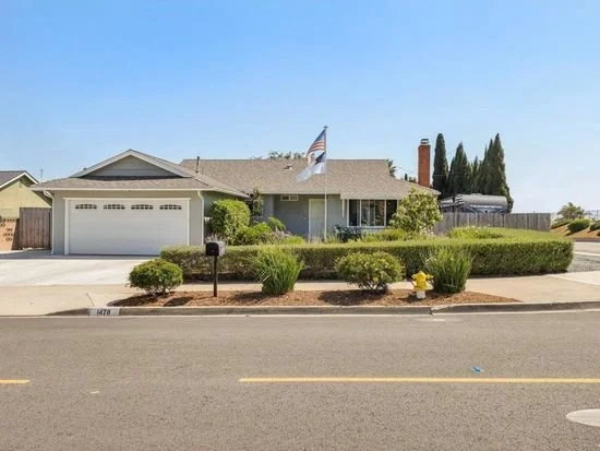 Single-story house with a landscaped front yard, driveway and an American flag on the porch.
