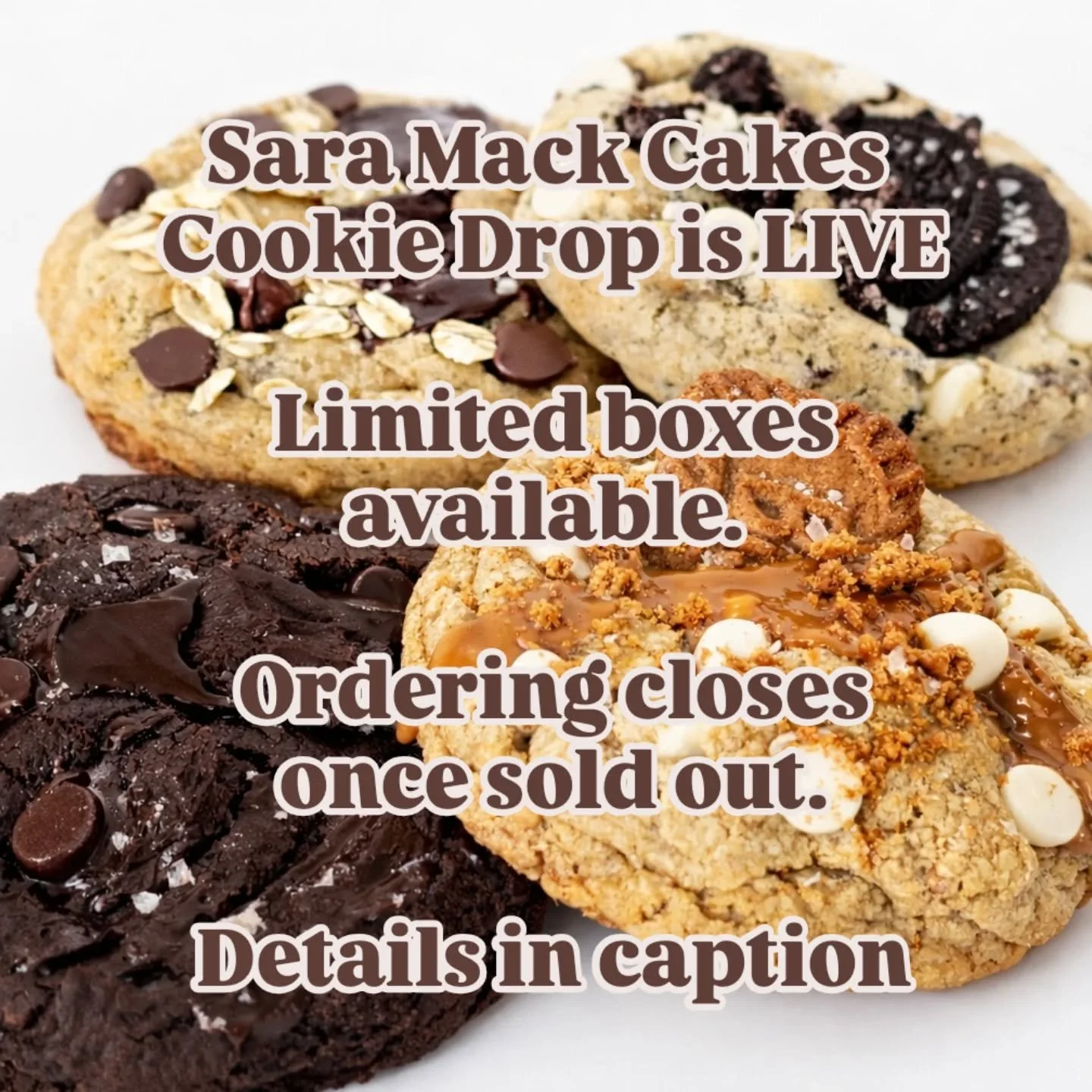 Sara Mack Cakes Cookie Drop is LIVE&nbsp;

🍪Link in Bio to order🍪

Limited boxes available.

Steps:

1. Fill out the order form

2. Send Venmo payment to confirm your box

Pickup: Saturday, March 14, 10am&ndash;12pm in Meridian. Address given after