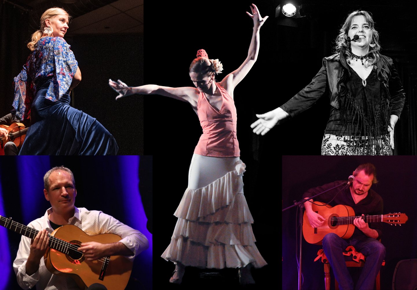 Flamencotänzerin und Sängerin und zwei Gitarristen auf einer Fotocollage.