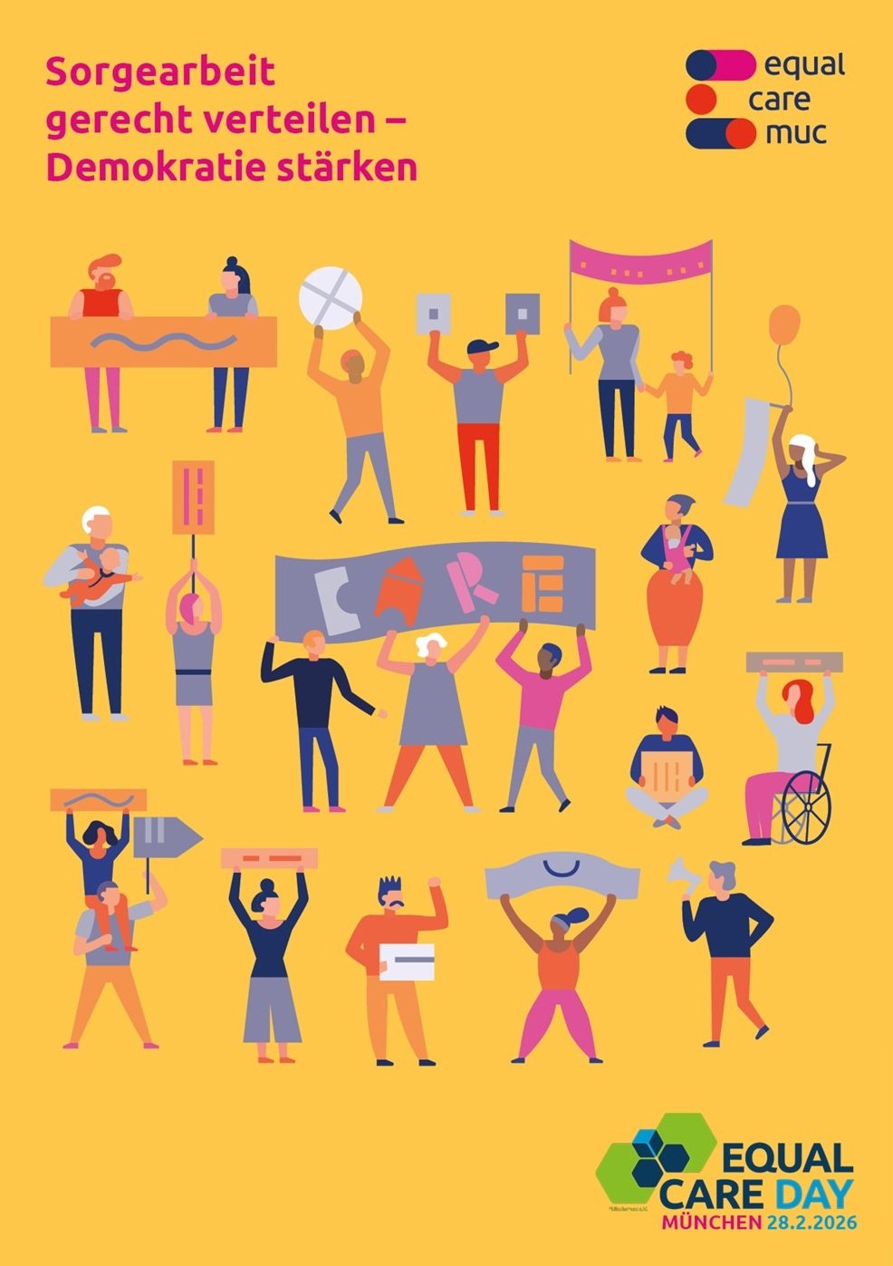 Grafik mit dem Titel: Sorgearbeit gerecht verteilen - Demokratie stärken. Gelbes Plakat mit Figuren die unterschiedlich aussehen und verschiedene Schilder in den Händen halten. In der Mitte eins mit den Worten Care.