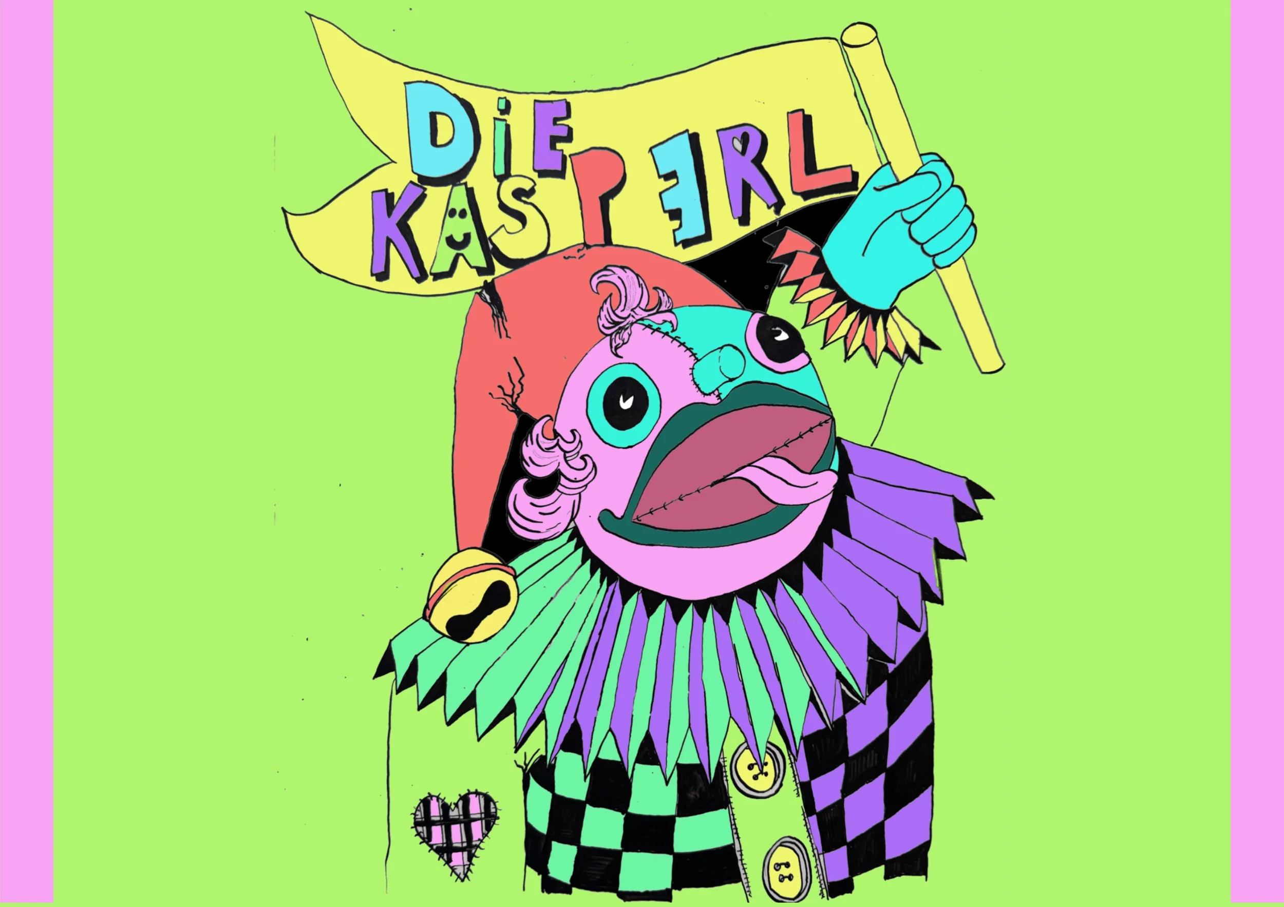 Grafik: ein Narr in buntem Gewandt mit dem Titel "Die Kasperl".