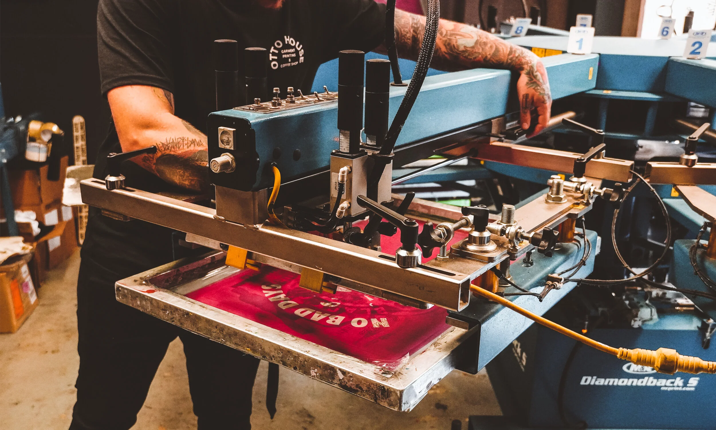 Eco Screen printing + Embroidery + Coffee Shop. Tshirt screen printing