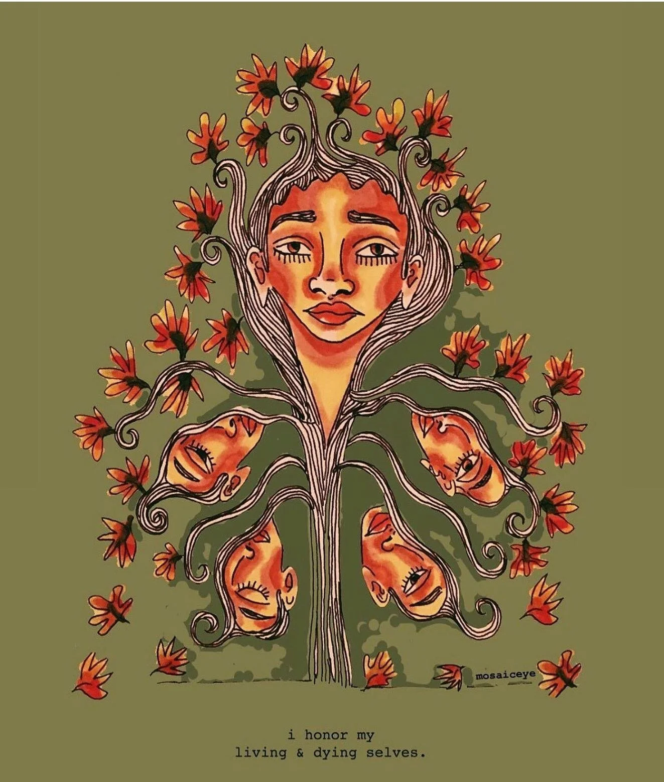 &ldquo;I honor + hold all parts of me&mdash;parts that I have evolved out of, and parts that are budding and blooming. All parts of me matter. The living, the wilting, the dropping, the dying.... I honor + hold all parts of me✨

amazing art as always