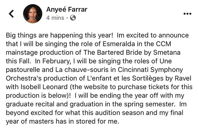 Big things are happening and I&rsquo;m excited to finally announce it. 
#bookedandbusy #opera #classical #classicalmusic #operasinging #ravel #smetana #thebarteredbride #esmeralda #lachauvesouris #unepastourelle #lenfantetlessortileges #blackwomenino