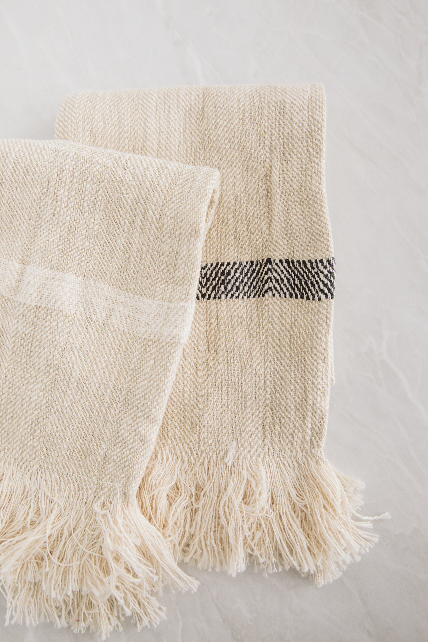 Natural + Striped Woven Cotton Tea Towels with Fringe