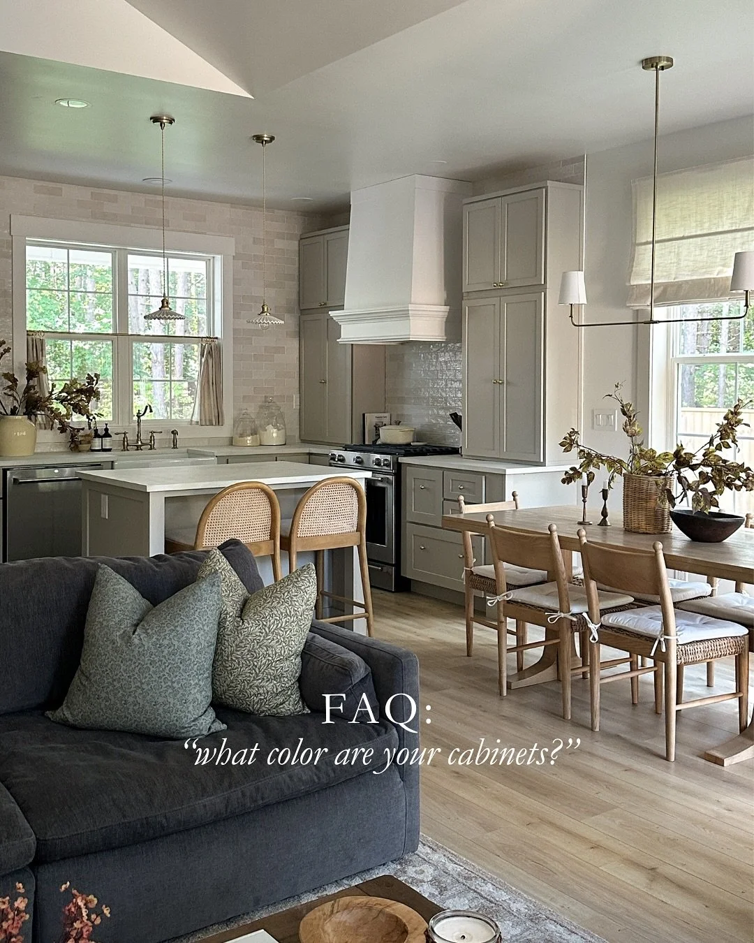 Save for later 🤍 One of my most frequently
asked questions!! Our new counter cabinets are painted Sherwin Williams Anew Gray in satin finish which almost perfectly color matches to our original base cabinets-the Weston Sand Shaker cabinets!