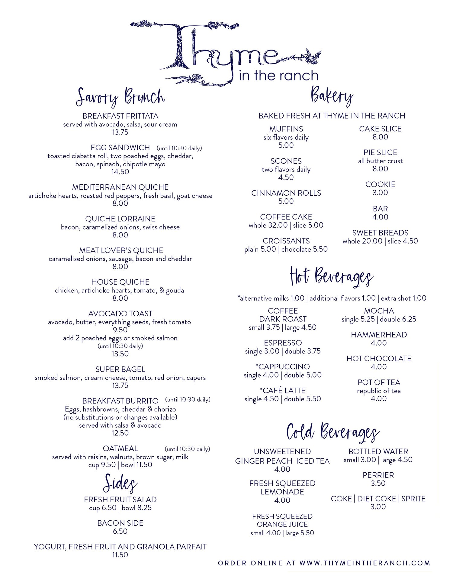 Thyme in the Ranch Breakfast & Bakery Menu — Thyme in the Ranch