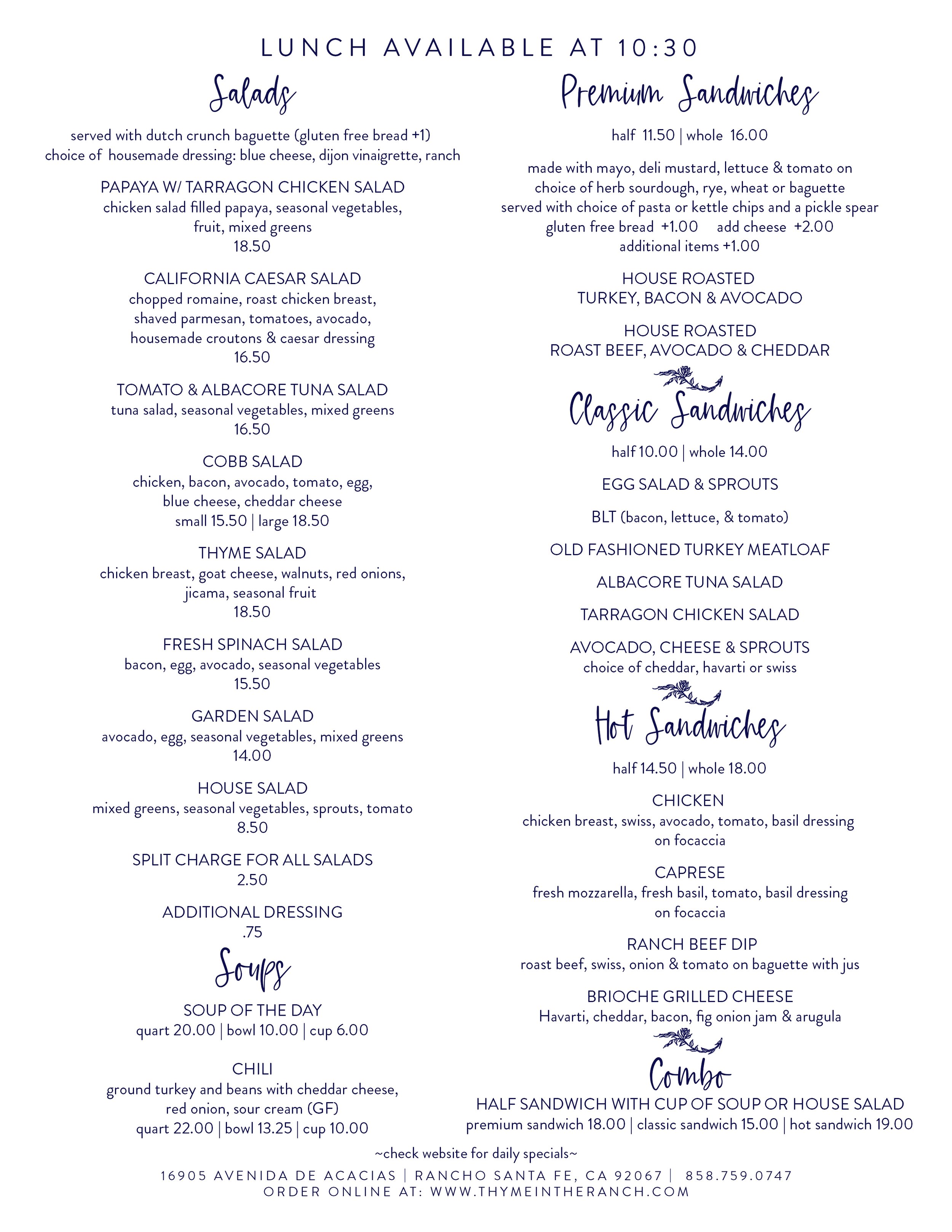 Lunch Menu — Thyme in the Ranch