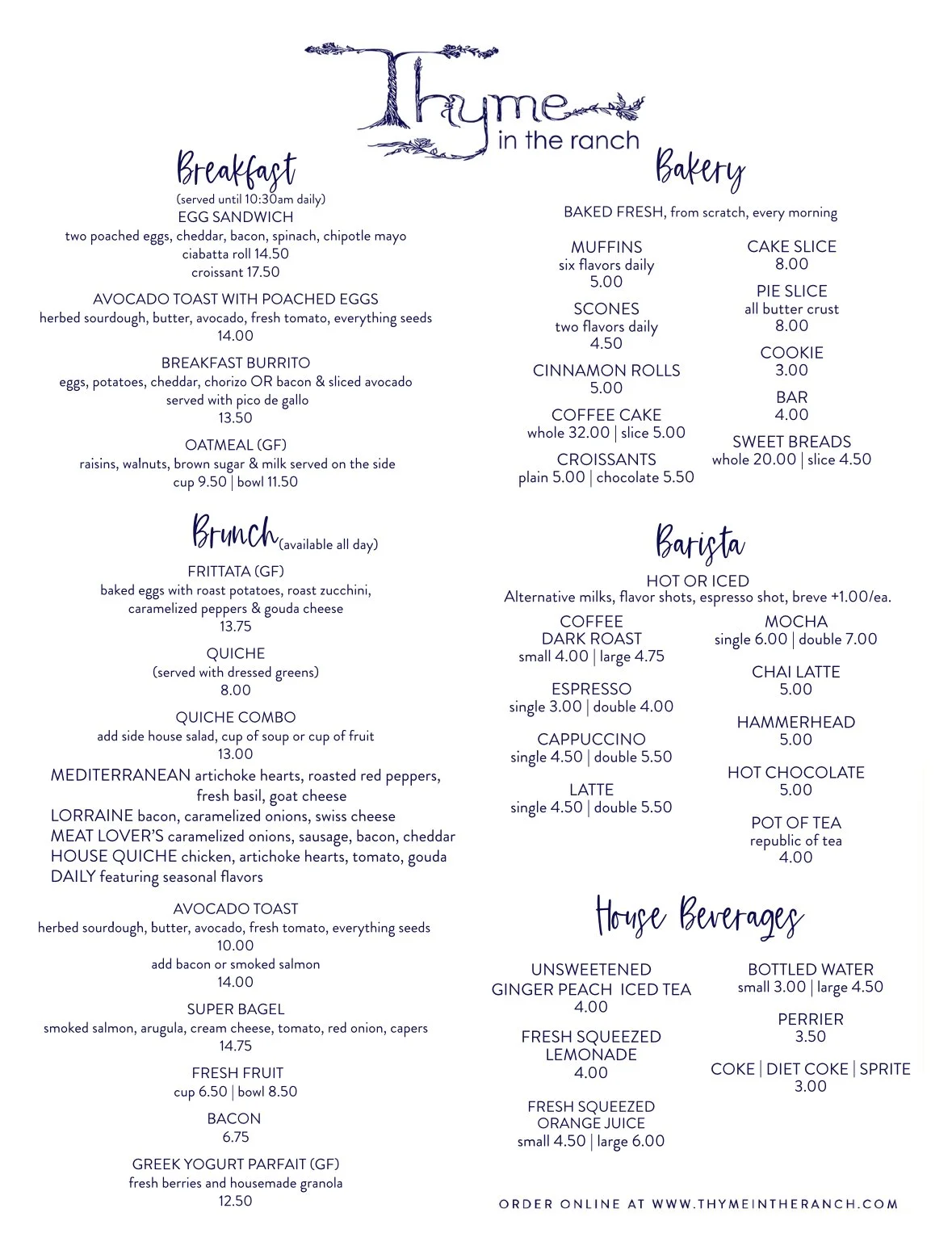 Thyme in the Ranch Breakfast & Bakery Menu — Thyme in the Ranch