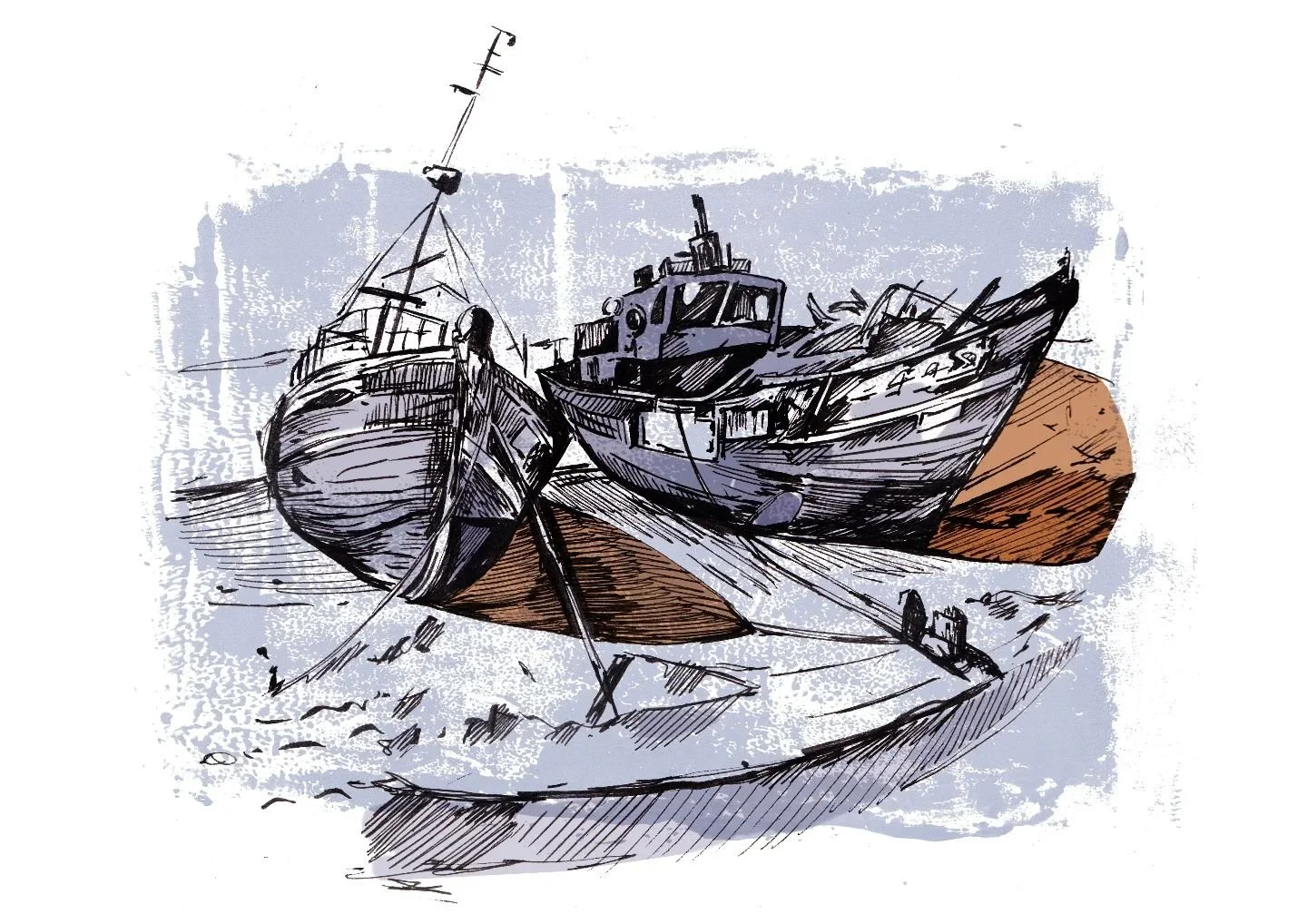 This one was inspired by some rusty old boats I encountered in a historic fishing village in Brittany last month. Something about their abandonment and lopsided, sleepy lean caught my attention. This one will be in print at Hart's next week and avail