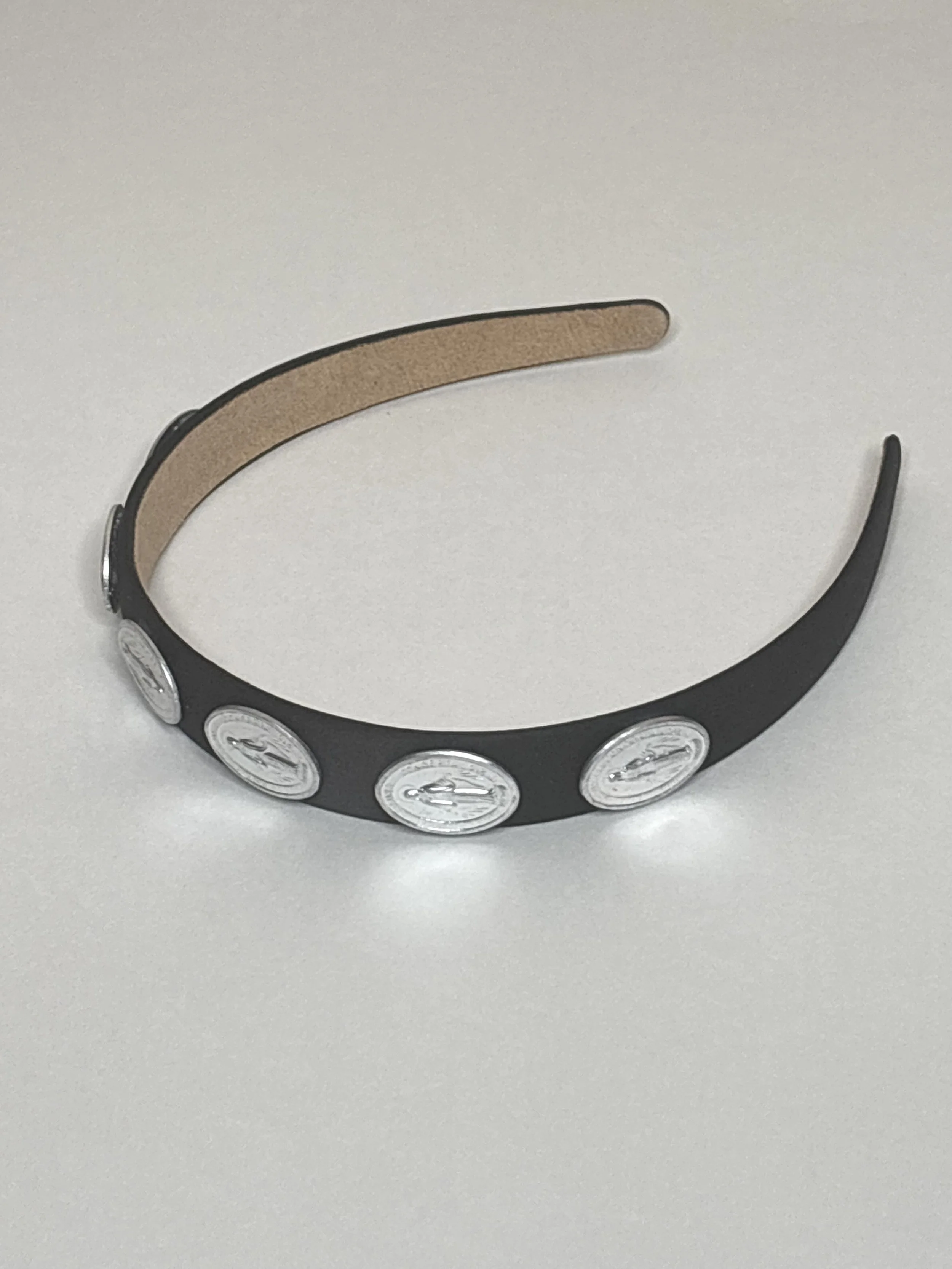 OUR LADY MIRACULOUS MEDAL HEADBAND WITH SIX SILVER MEDALS ON BLACK SATIN
