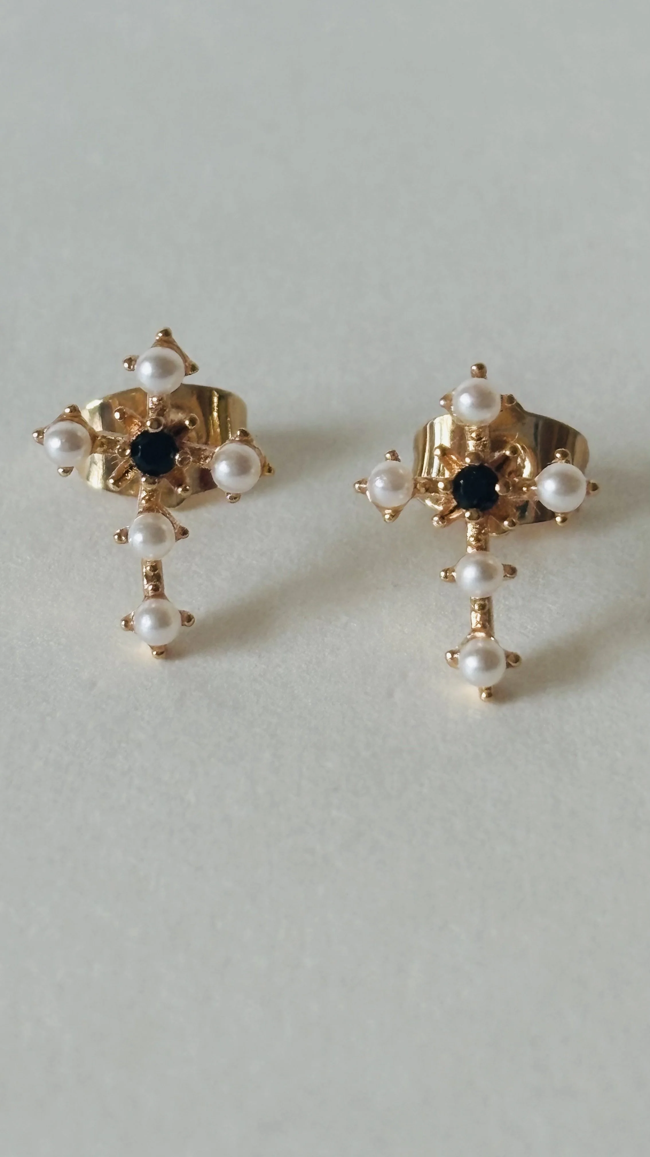Black Crystal Opal & Pearl Cross Earrings on Gold