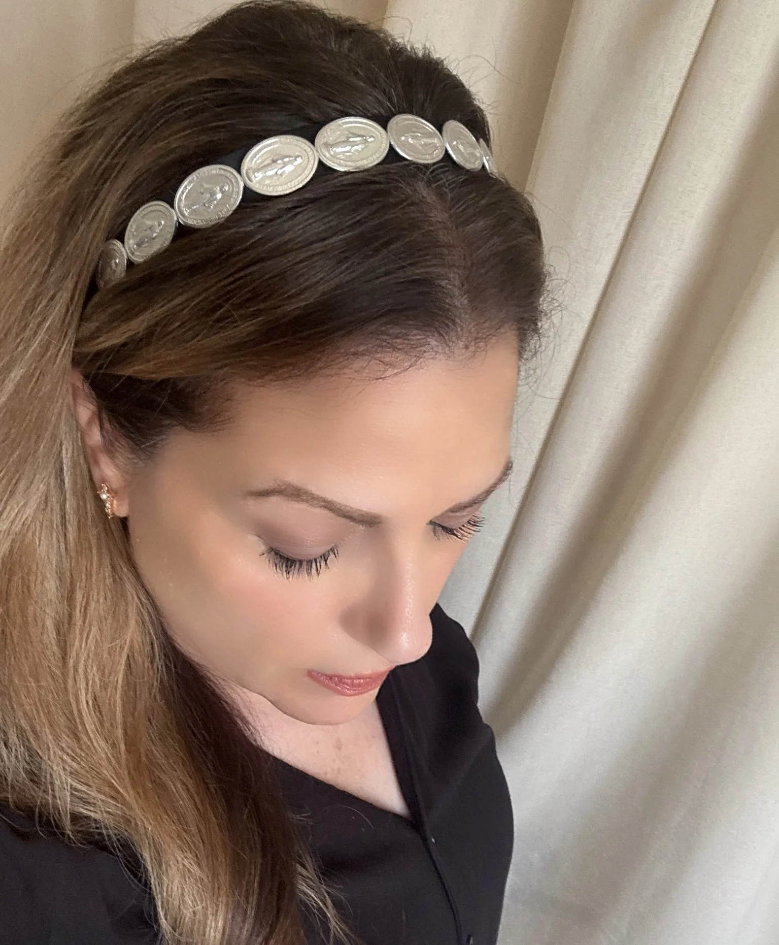 Our Lady Miraculous Medal Headband in Black Satin with Silver.2.jpeg