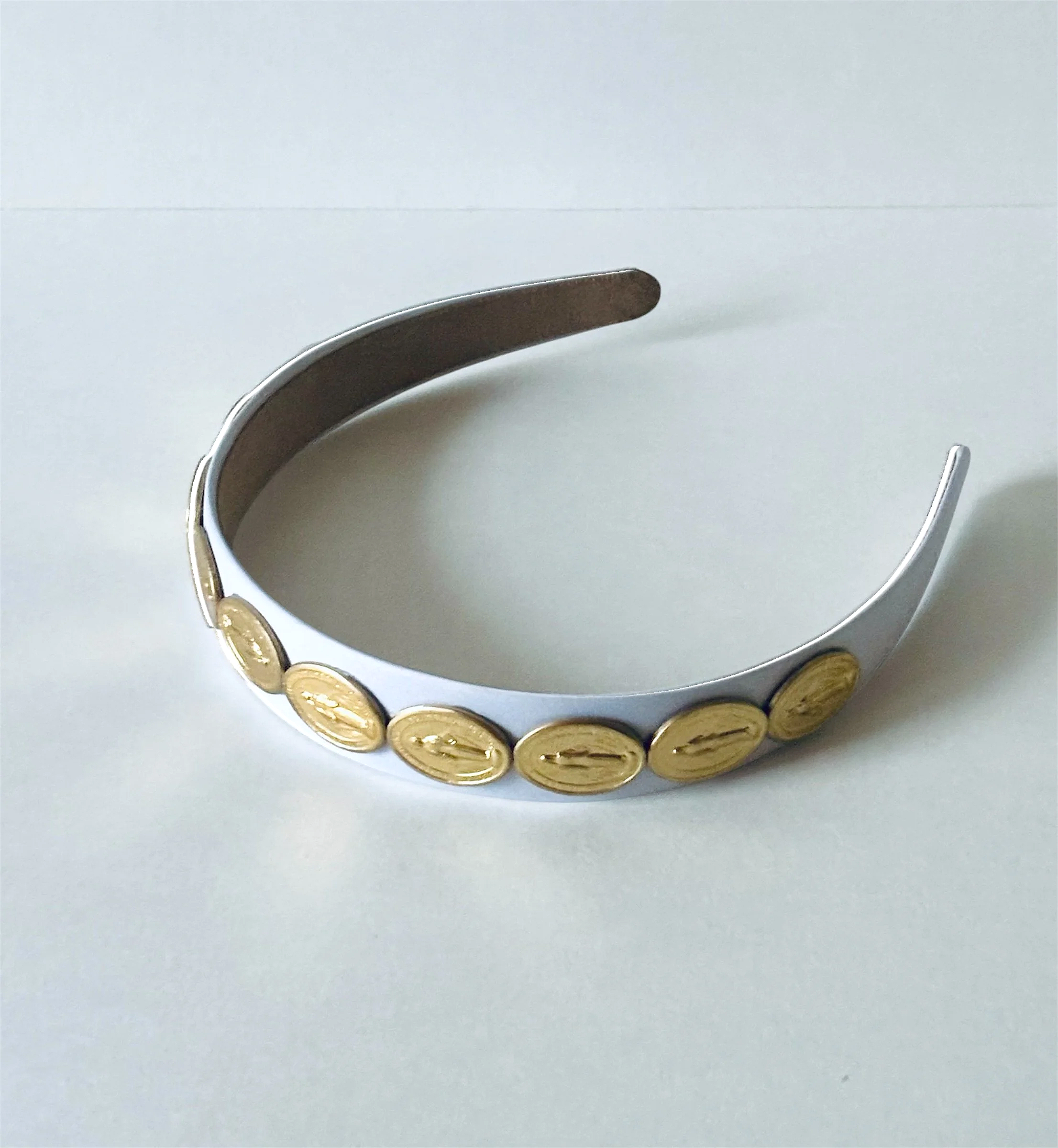 Our Lady Miraculous Medal Headband on White Satin