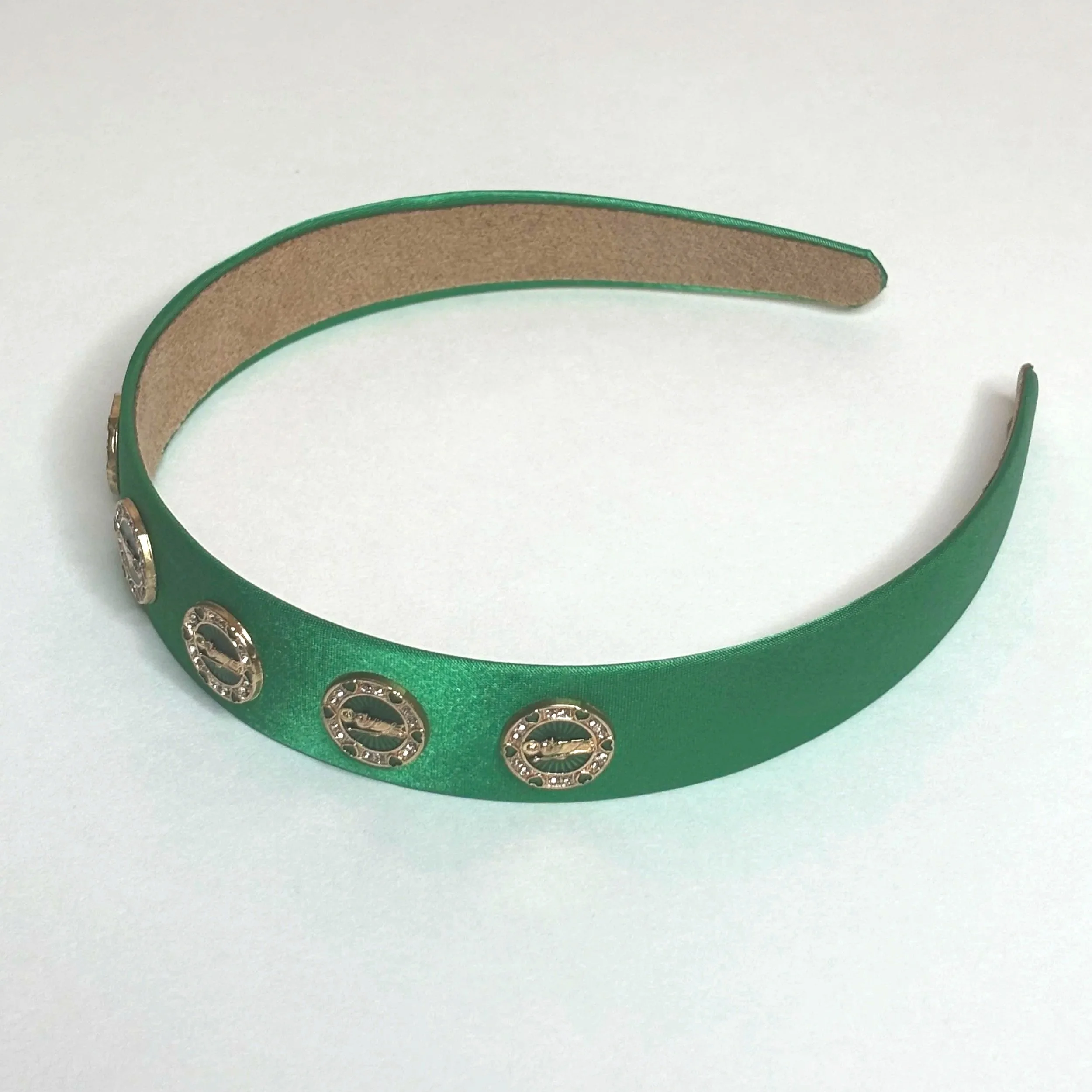 ST. JUDE HEADBAND ON GREEN SATIN
