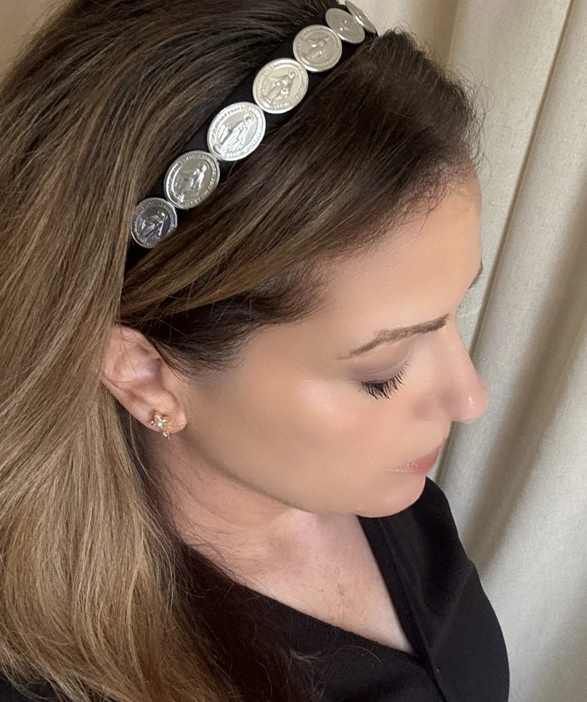 Our Lady Miraculous Medal Headband in Black Satin with Silver.jpg