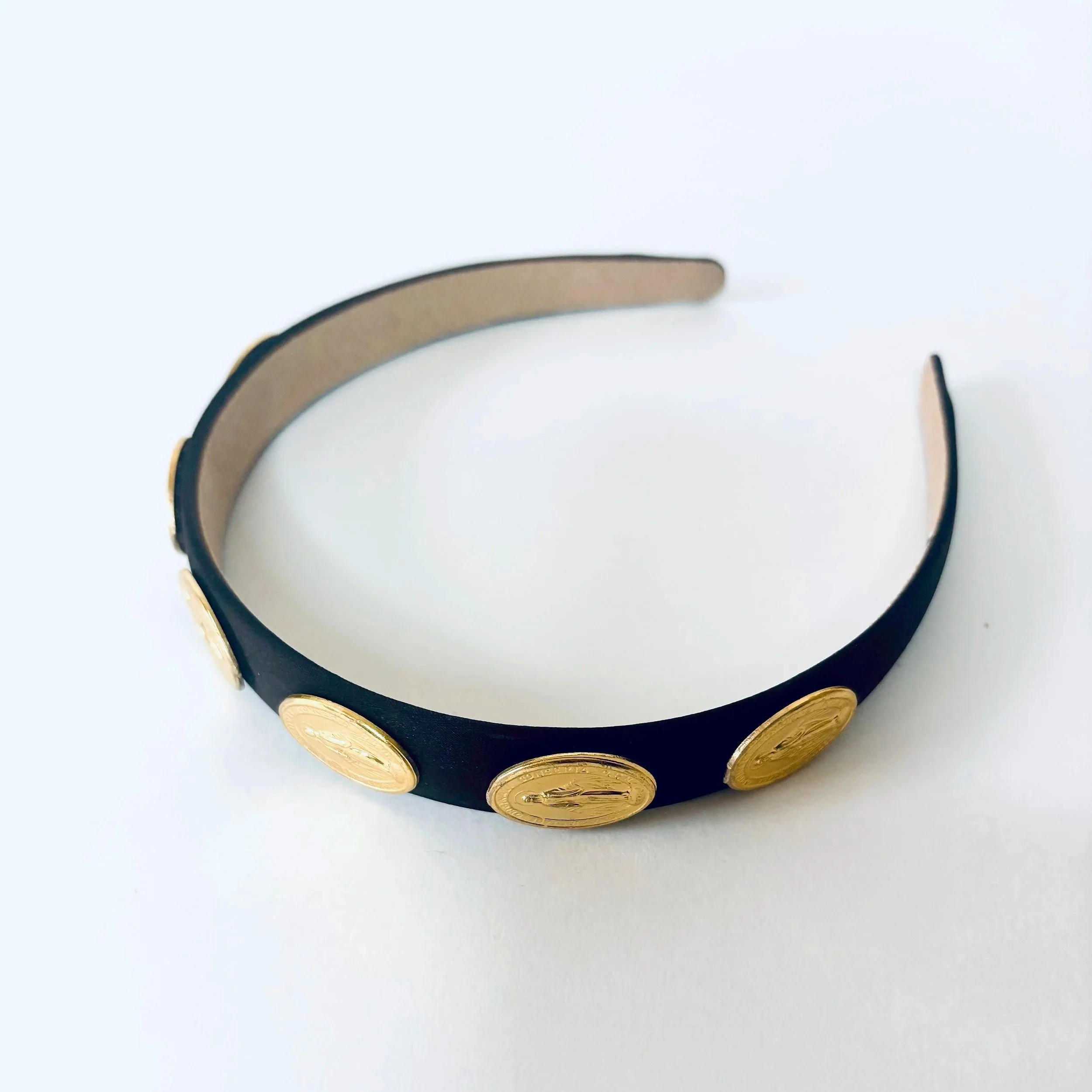 OUR LADY MIRACULOUS MEDAL HEADBAND WITH SIX GOLD MEDALS ON BLACK SATIN