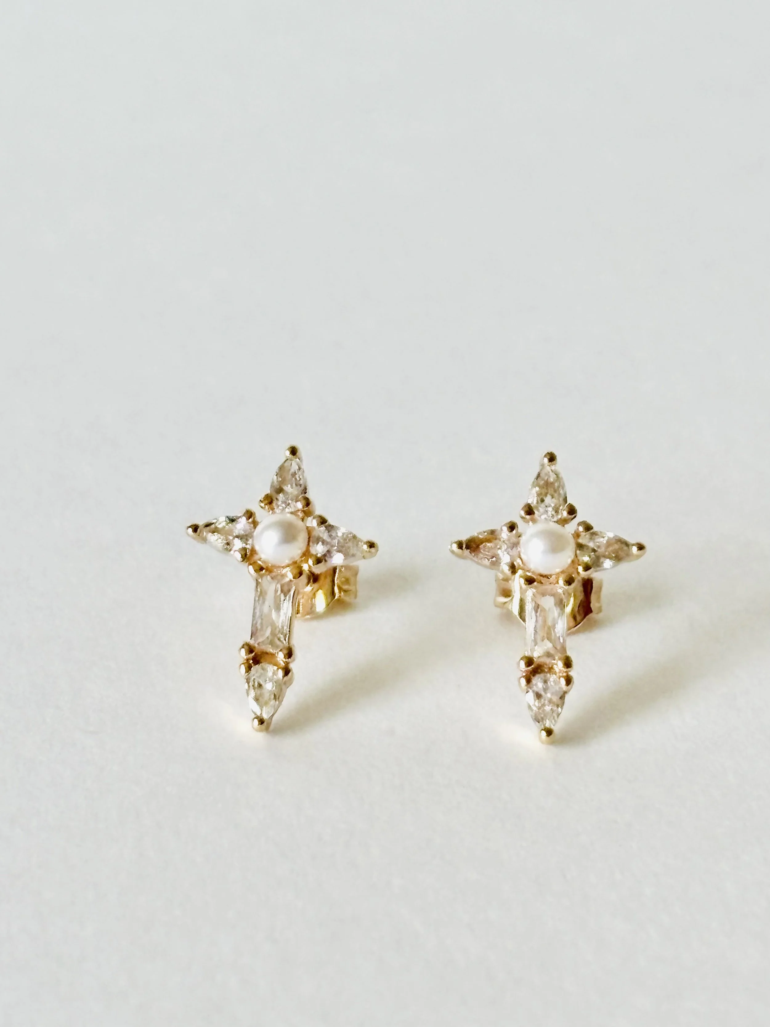 Diamond Crystal, Pearl, & Cross Earrings