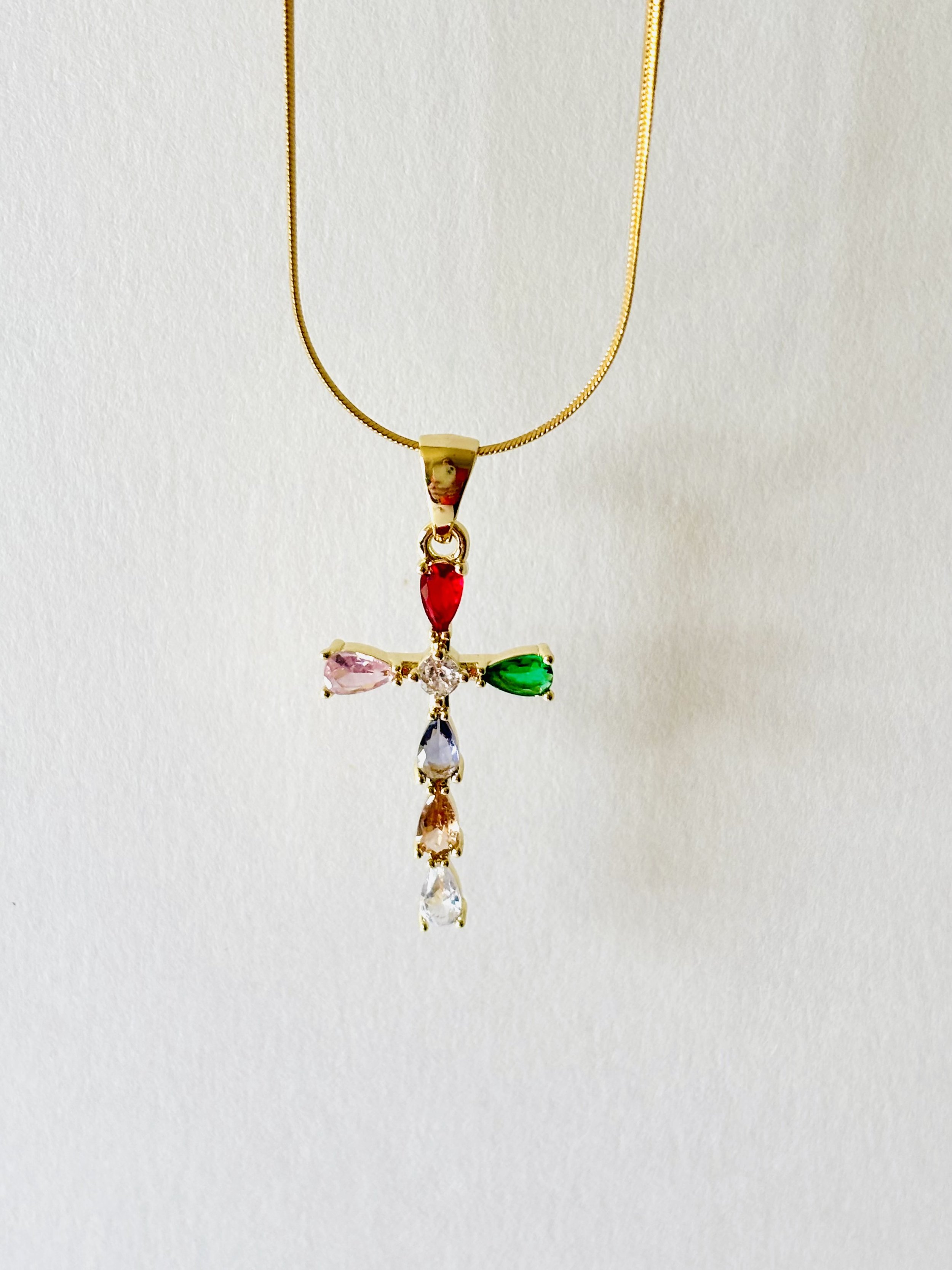 Mulit-Crystal Cross Necklace with Stainless Steel Gold Chain