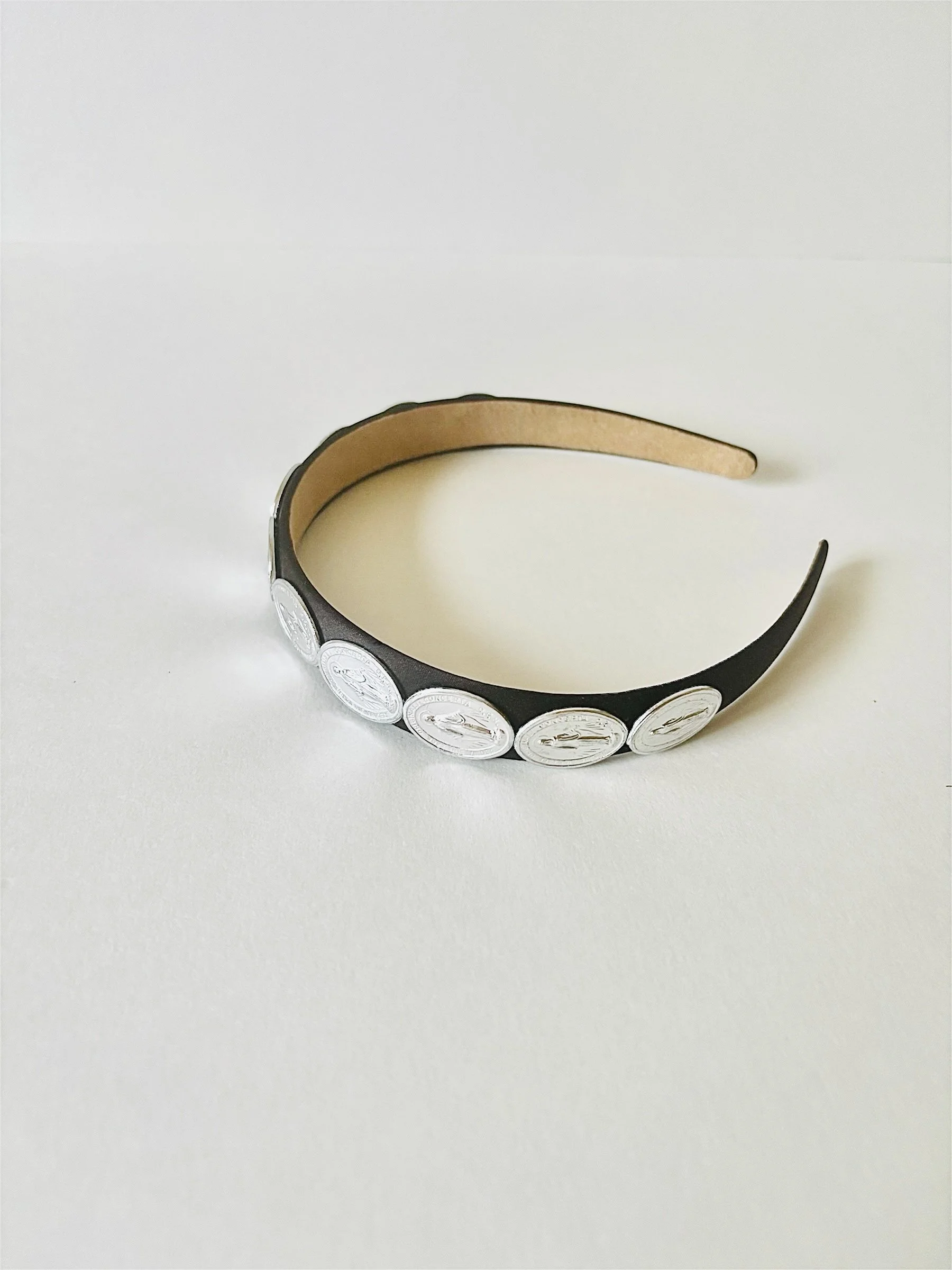 Our Lady Miraculous Medal Headband Black Satin with Silver