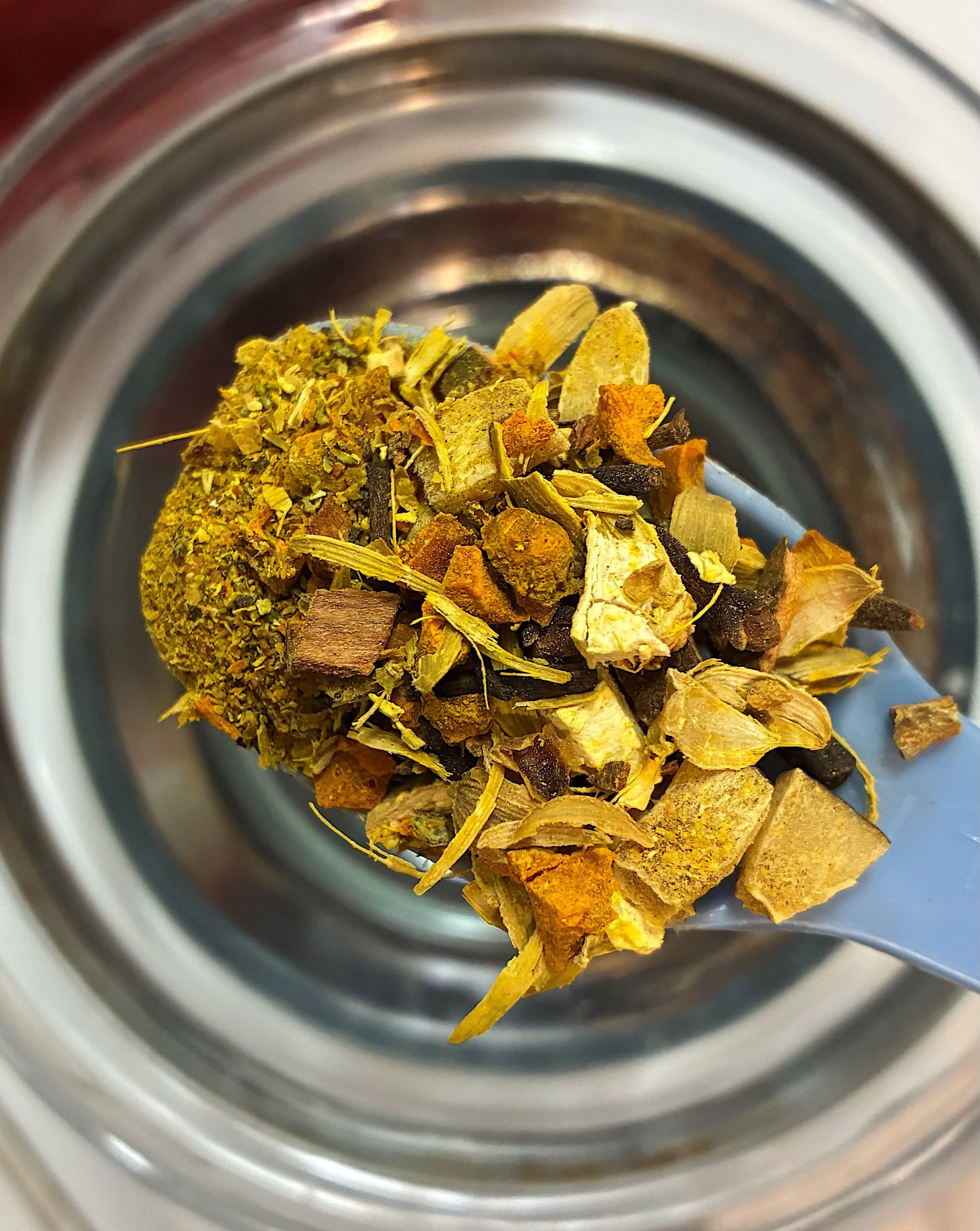 Turmeric Chai, the only non-caffeinated chai blend that I offer, and drink. It&rsquo;s an exquisite blend that often surprises people when they sample it at markets. Comments I receive are
&ldquo;Oh it doesn&rsquo;t taste turmeric-y at all&rdquo;
&ld