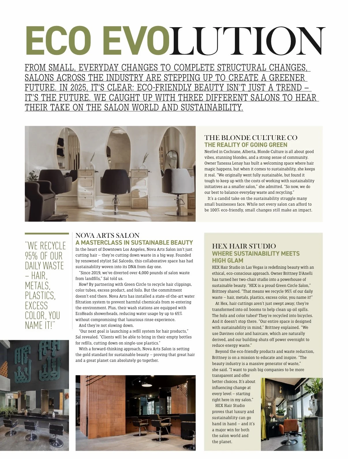 Page from a magazine or brochure about eco-friendly salons, featuring images of salons and text discussing sustainability practices and salon initiatives.