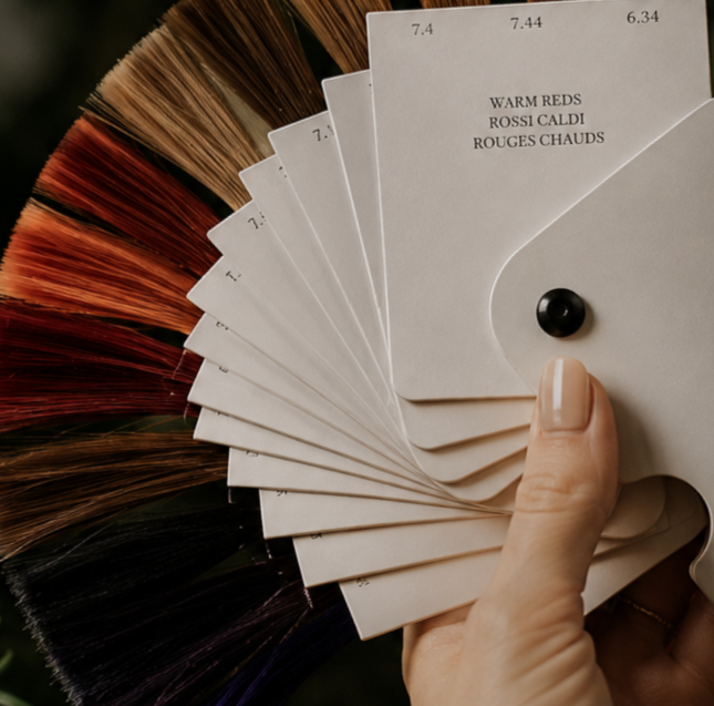 Hand holding a fan deck of hair color swatches, with labels for warm reds and other shades.
