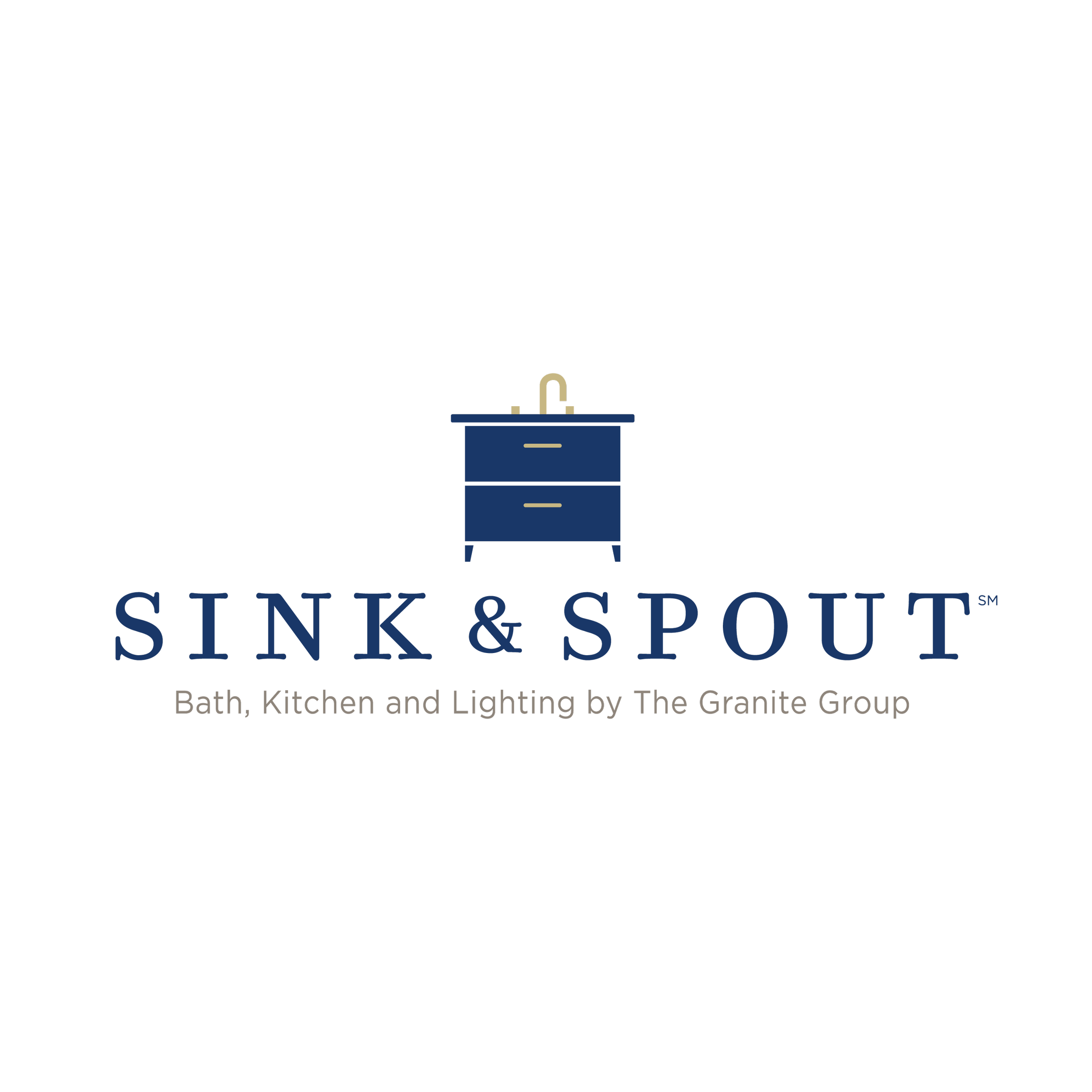 Logo of Sink & Spout, featuring a blue bathroom vanity and faucet icon. Includes text: "Bath, Kitchen and Lighting by The Granite Group."