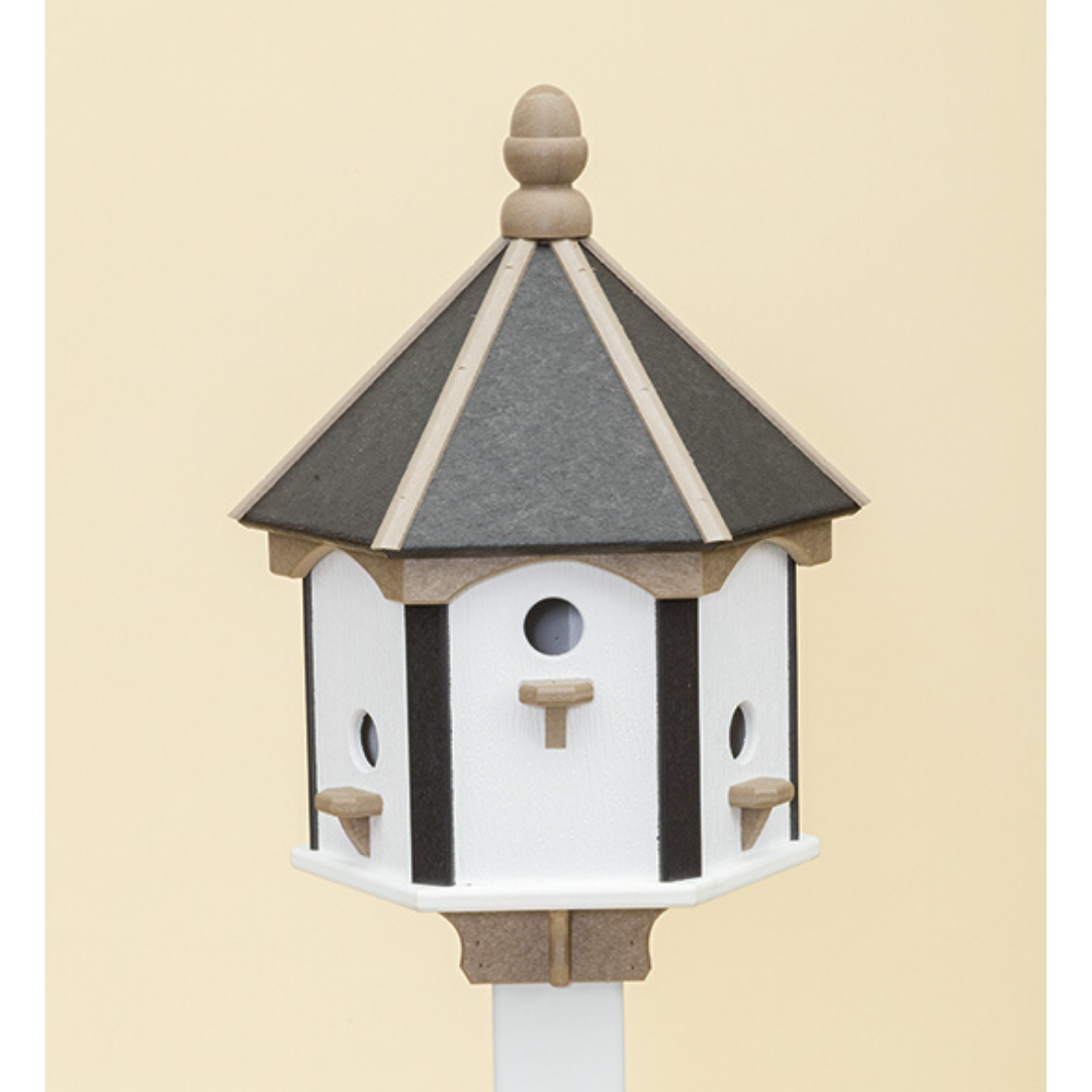 Amish Handmade 3-Room Hexagon Birdhouse | Green Cedar & White Poly | Large Post Mount PM93-BKT