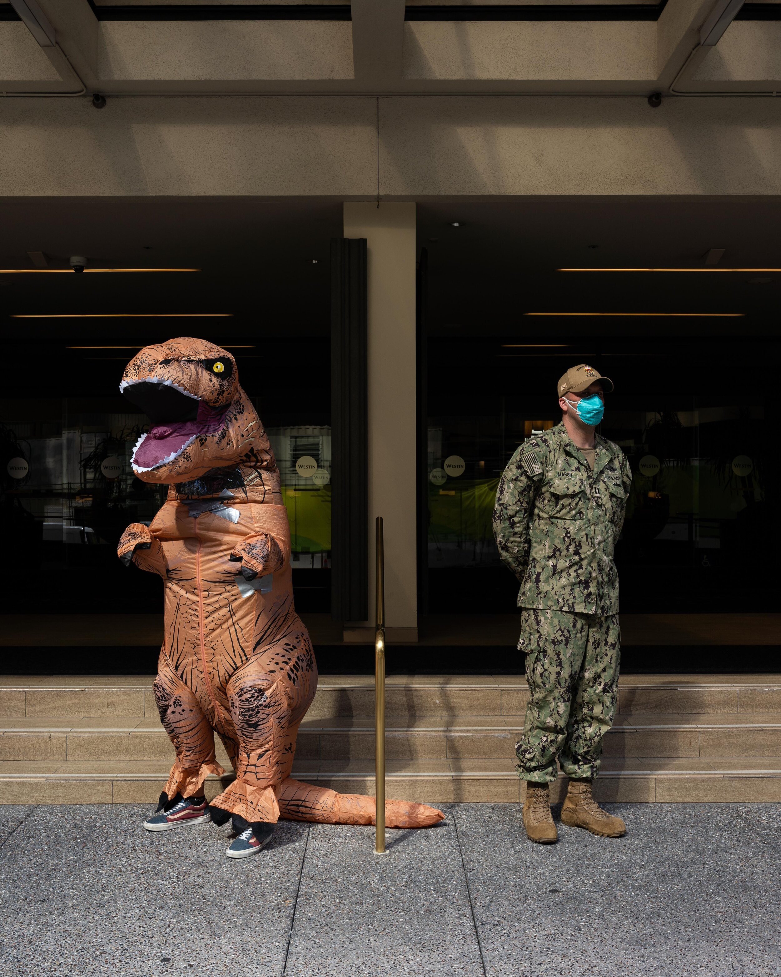  “My man in the suit is also named Patrick. We can do Dino Patrick and Nurse Patrick for the quote. That t-rex suit has been on a bunch of deployments to Afghanistan. The duct tape patches are the only thing keeping the air in.” - Nurse Patrick (Dino
