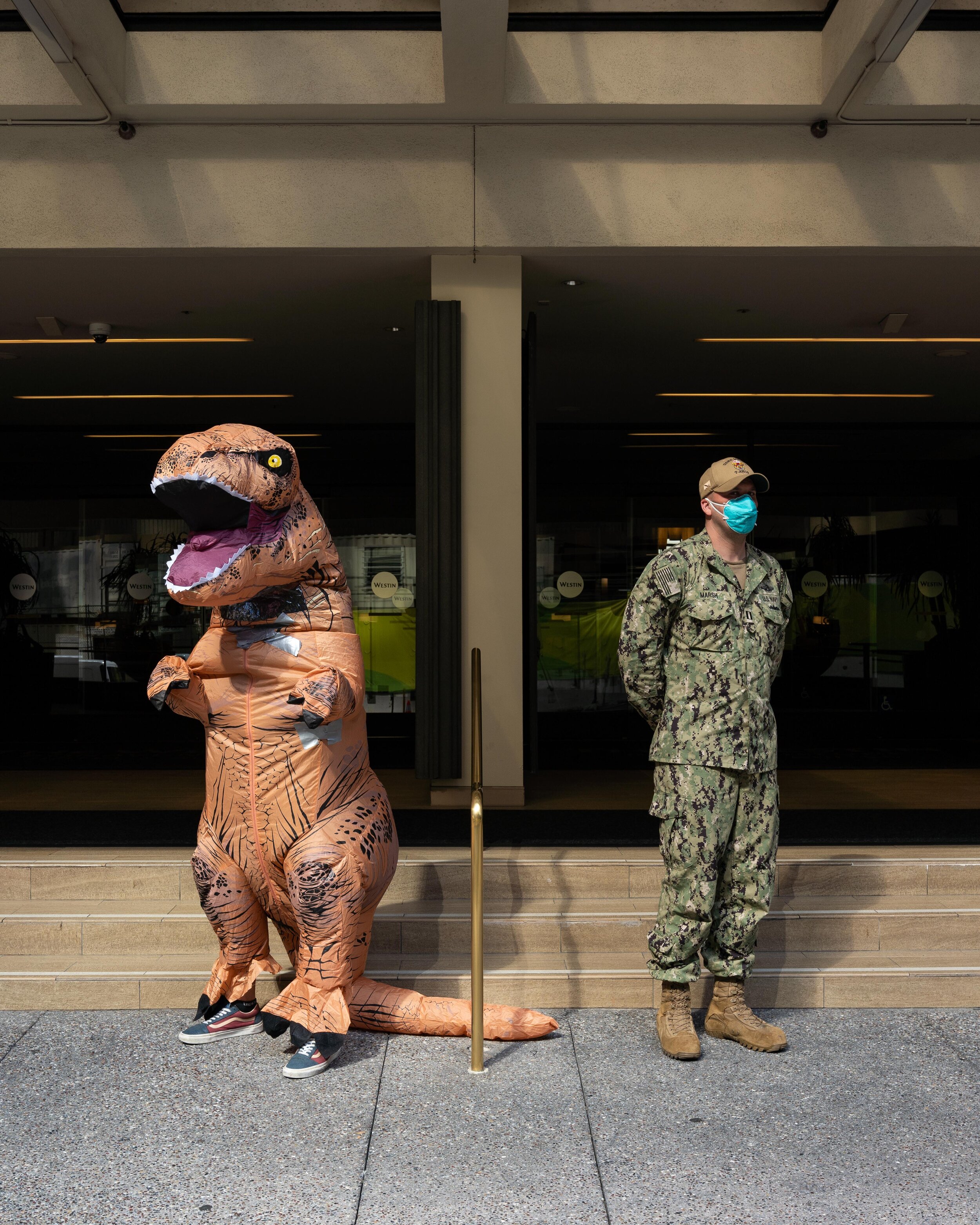  “My man in the suit is also named Patrick. We can do Dino Patrick and Nurse Patrick for the quote. That t-rex suit has been on a bunch of deployments to Afghanistan. The duct tape patches are the only thing keeping the air in.” - Nurse Patrick (Dino