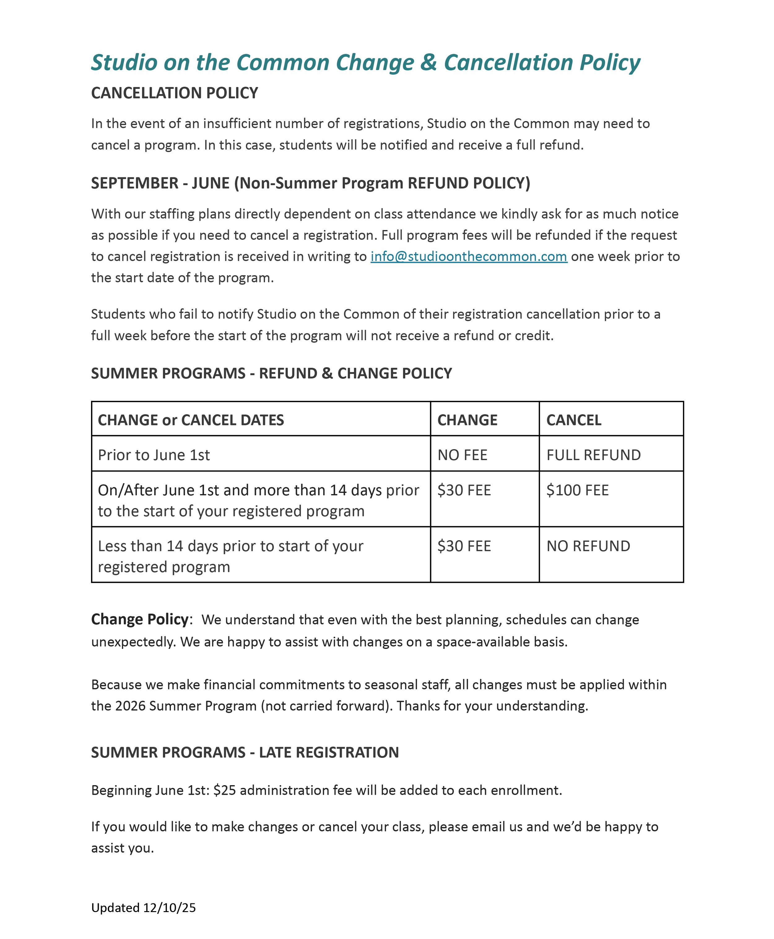 Change / Cancellation Policy — Studio on the Common