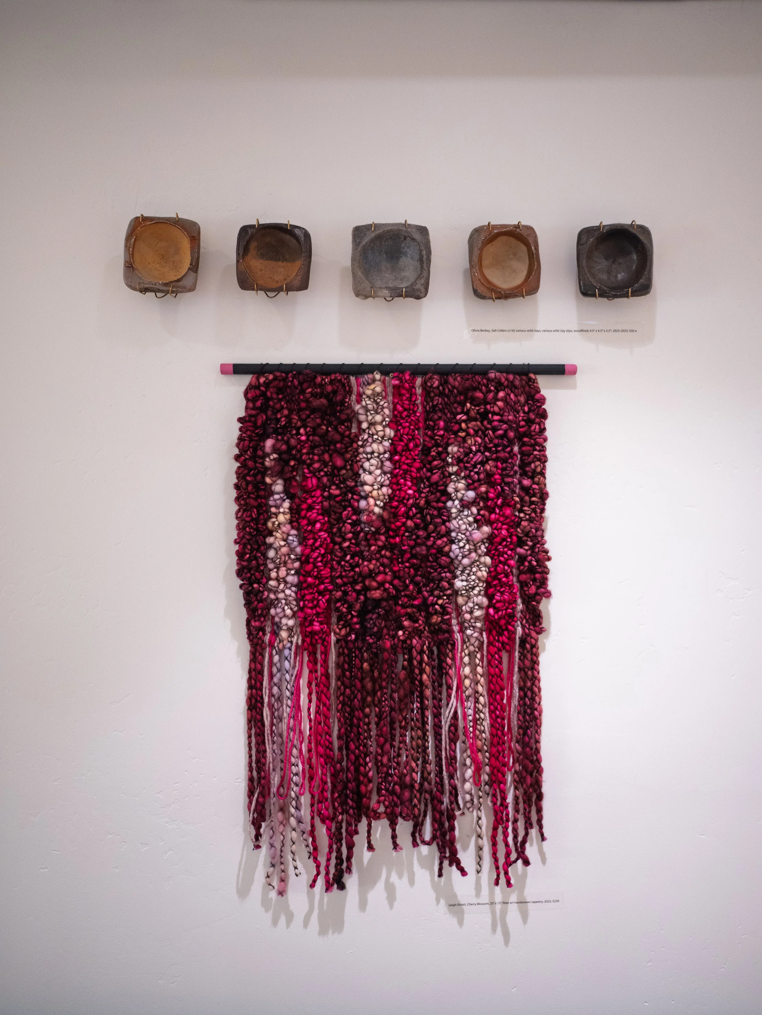 Olivia Berkey, Salt Cellars various wild clay and wild clay slips 2023-2025 & Leigh Oviatt, Cherry Blossom fiber art handwoven 2023.jpg