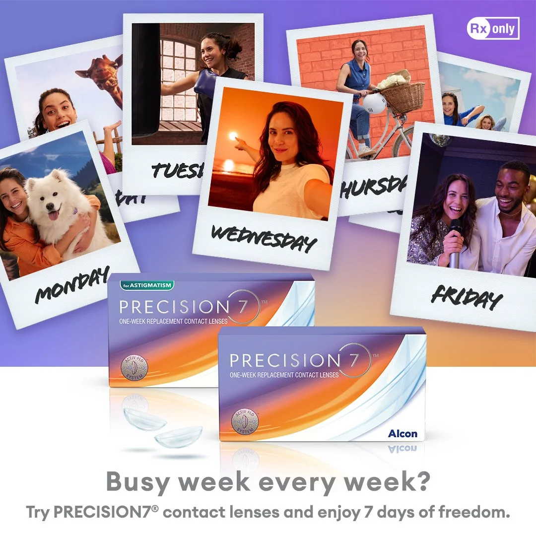 Precision 7 is a new contact lens with brand new wetting system that releases moisture from the lens center slowly over 7 days. Available in spherical and astigmatism prescriptions with a convenient wear schedule. Rebates for annual supply available 