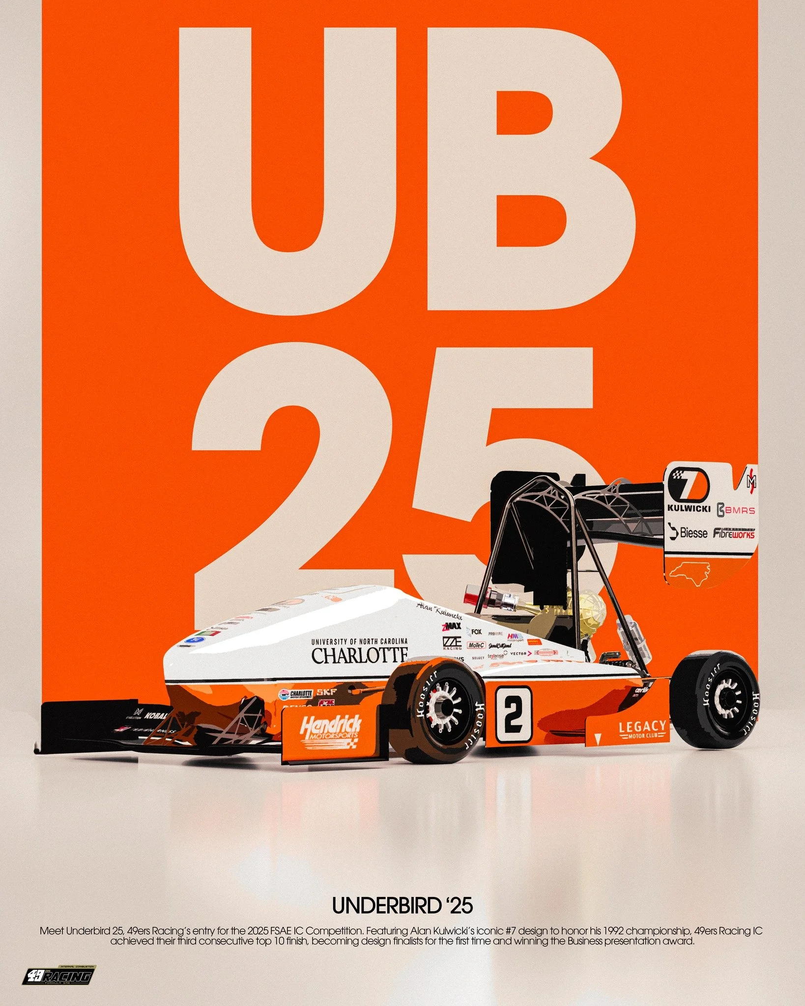 The Legacy Series: UNDERBIRD '25

UB-25 was 49ers Racing&rsquo;s entry for the 2025 FSAE IC Competition. Featuring Alan Kulwicki&rsquo;s iconic #7 design to honor his 1992 championship, 49ers Racing IC achieved their third consecutive top 10 finish, 