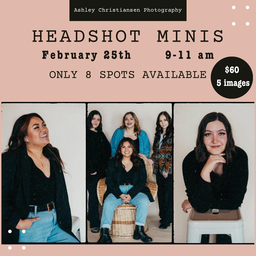 Headshot minis!

Need to update your headshots, but just want a few options? No problem! On February 25th I will be hosting Headshot Mini sessions, 15 minutes of shoot time and 5 digital images for only $60 with print release! 
Only 8 slots available