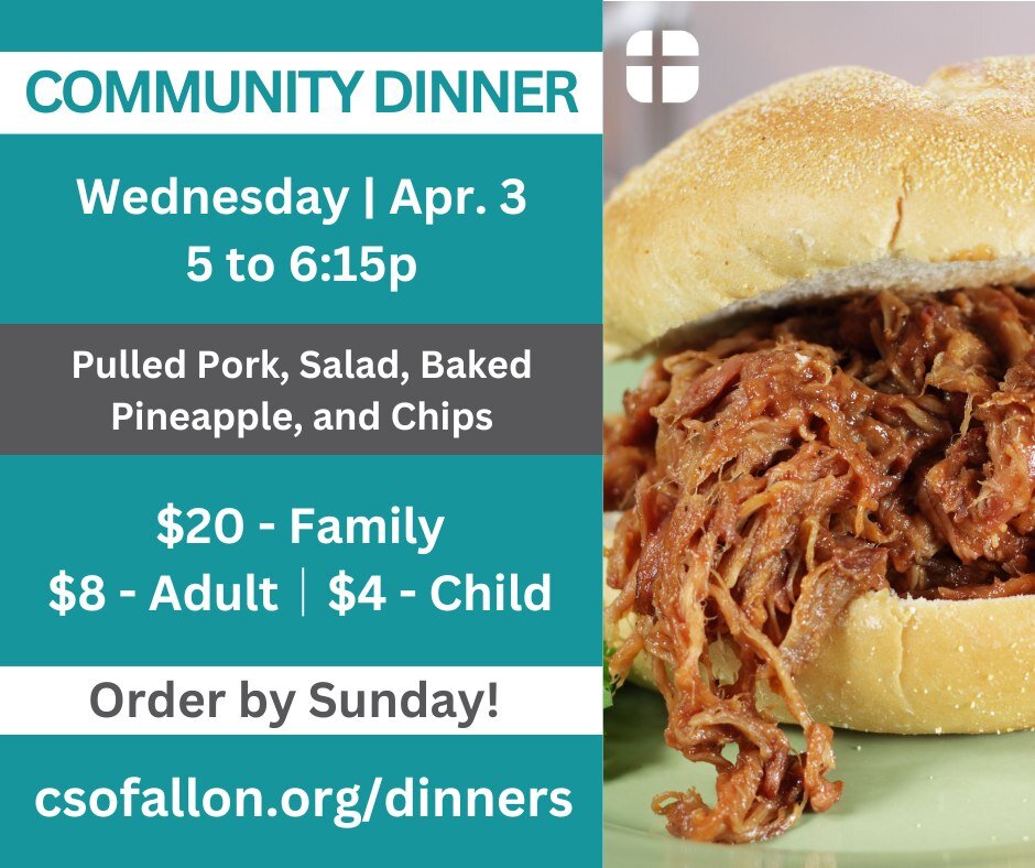 DEADLINE TO ORDER IS SUNDAY! - This Wednesday  we'll be serving pulled pork, salad, baked pineapple, &amp; chips . It's a LUAU THEME, so where your best Hawaiian wear! OPEN TO THE PUBLIC, Community Dinners are delicious, affordable, and friendly. Car