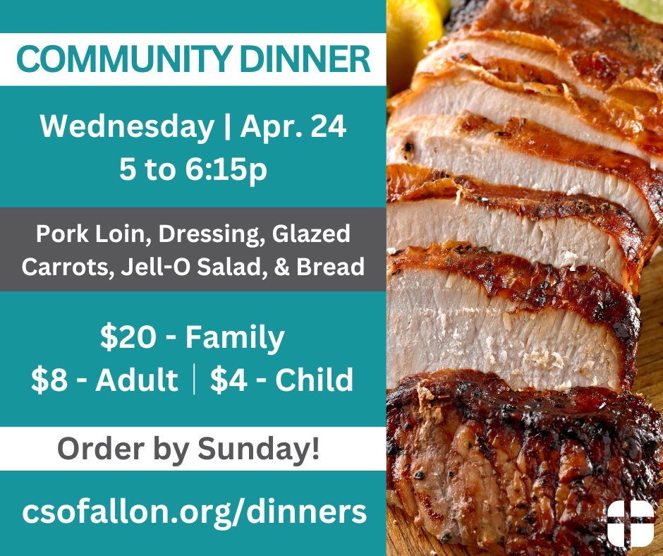 DEADLINE TO ORDER IS SUNDAY! - This Wednesday is our final dinner of the spring semester! We'll be serving pork loin, dressing, glazed carrots, Jell-O salad, &amp; bread. OPEN TO THE PUBLIC, Community Dinners are delicious, affordable, and friendly. 