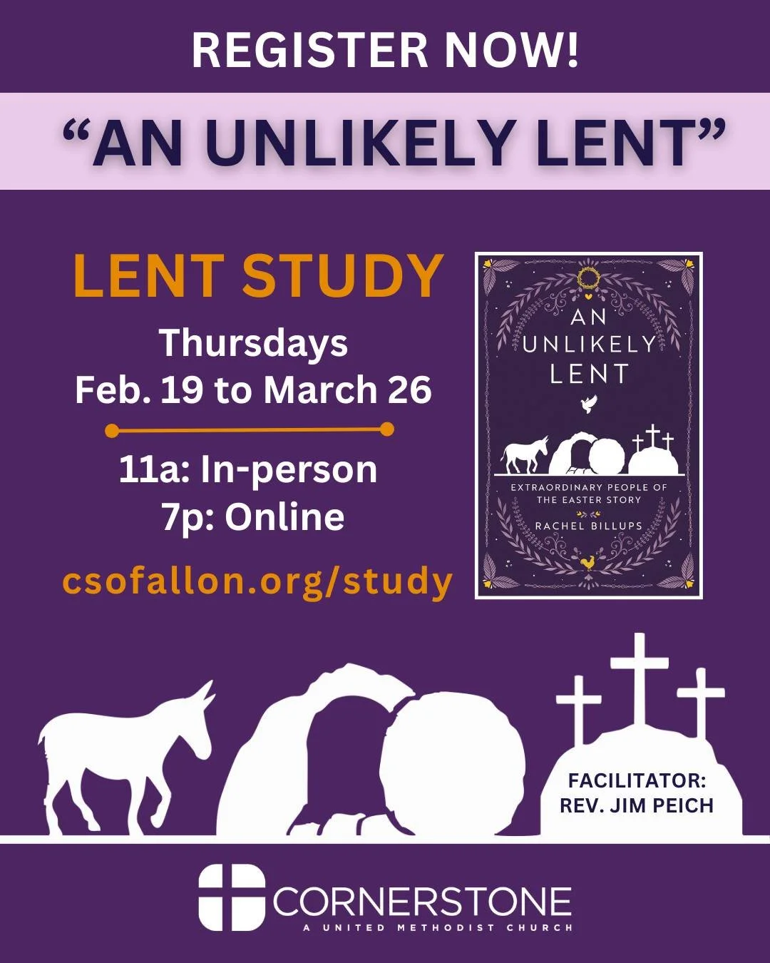 Join Rev. Jim Peich for a special Lenten study based on the book "An Unlikely Lent" by Rev. Rachel Billups. This study invites us to notice the &ldquo;side characters&rdquo; whose brief encounters with Jesus reveal courage, fear, faith, dou