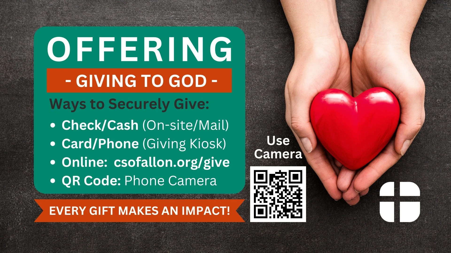 On winter weather Sundays, the church often experiences a significant decline in the financial support received. If you haven't already, we invite you to make a gift/offering securely online today at: www.csofallon.org/give