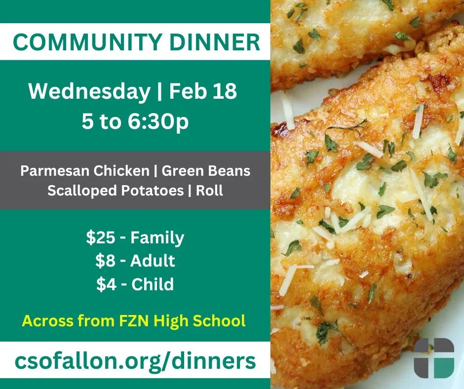 COMMUNITY DINNERS RETURN SOON!
The next season of affordable and delicious Community Dinners begins Wed, Feb 18. We&rsquo;ll kick off this popular program with a hot meal of:

Parmesan chicken &bull; Scalloped Potatoes &bull; Green Beans &bull; Roll 