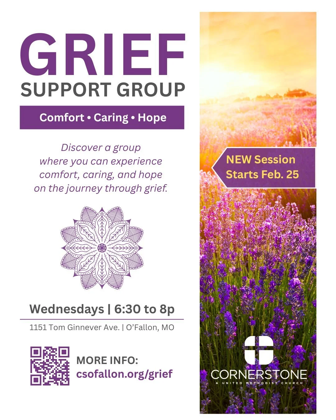 Who in your life is GRIEVING the loss of a loved one? Let them know that this local adult GRIEF SUPPORT GROUP starts a NEW SESSION on Wed., Feb. 25th in O'Fallon, Missouri. The group is open to everyone!
Learn more: