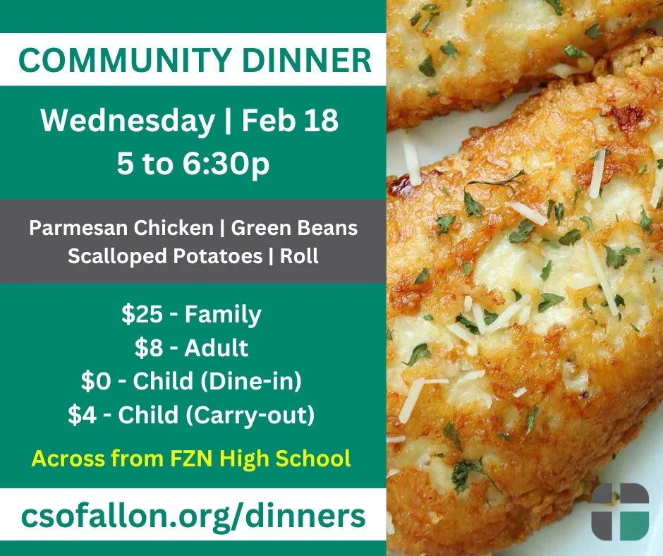 ORDER SEASON PASS BY TODAY!
The popular Community Dinners from Cornerstone United Methodist Church in O&rsquo;Fallon return THIS week! Come anytime between 5 to 6:30p on WEDNESDAYS and let our volunteers handle the cooking and clean-up. Dine-in or ca