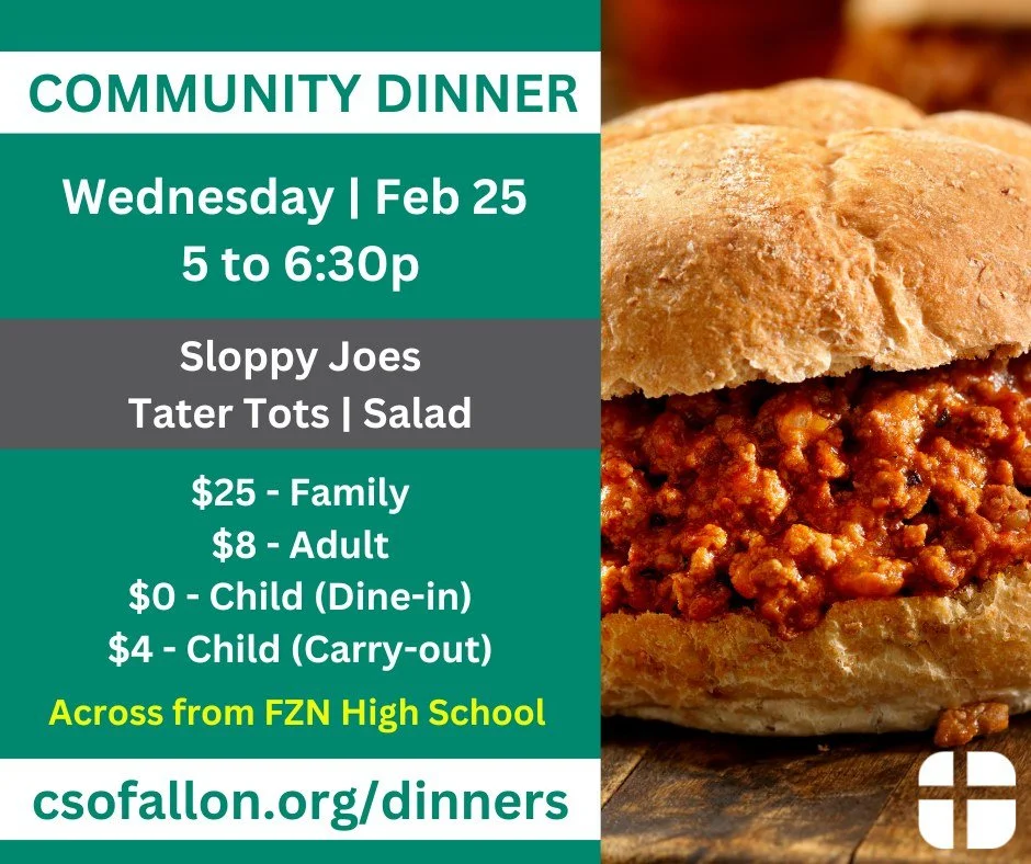 ORDER BY TODAY!
All are welcome Wed, Feb 25 from 5 to 6:30p for a night of delicious food and friendly conversation. Best of all, you get to let us take care of the clean up!

TODAY, Sun, Feb 22 is the deadline to sign up for the meal on Feb 25 of:
S